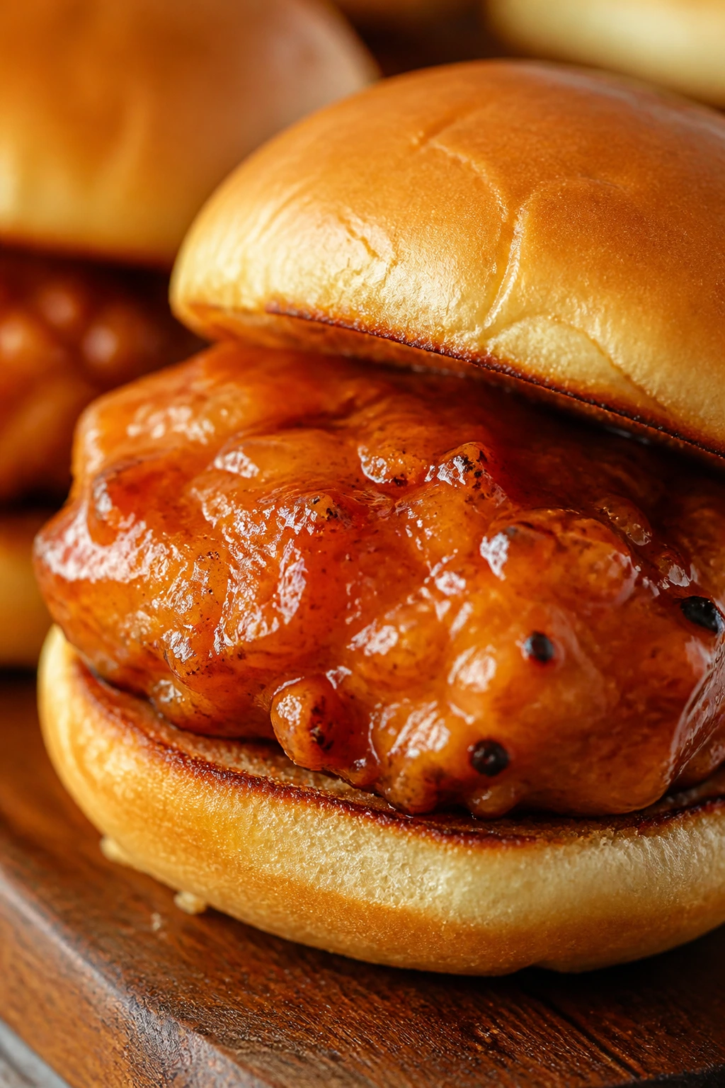 Close-up of Sriracha Honey Chicken Slider with glaze