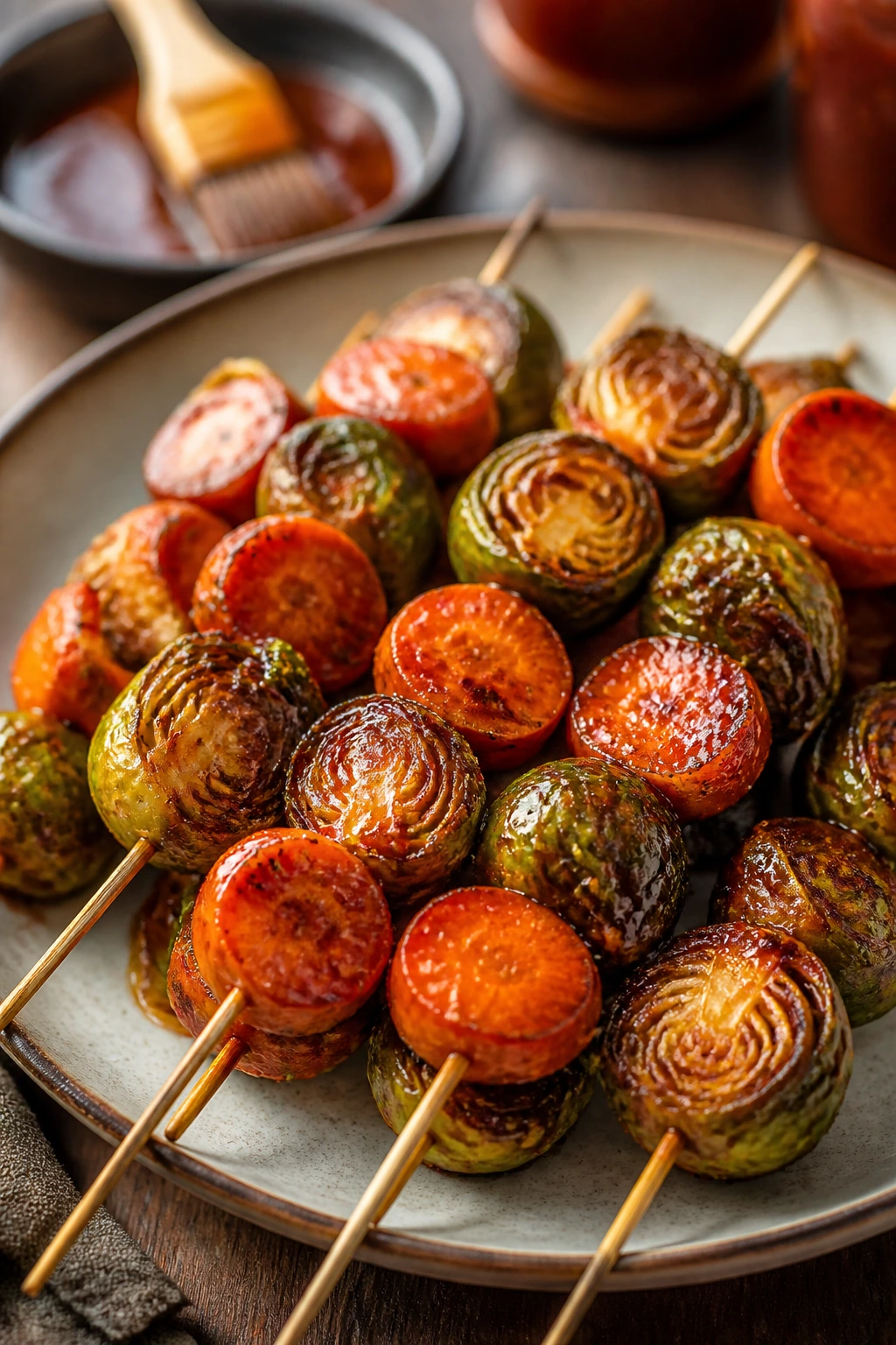 Close-up of Sriracha Maple Brussels and Carrot Skewers