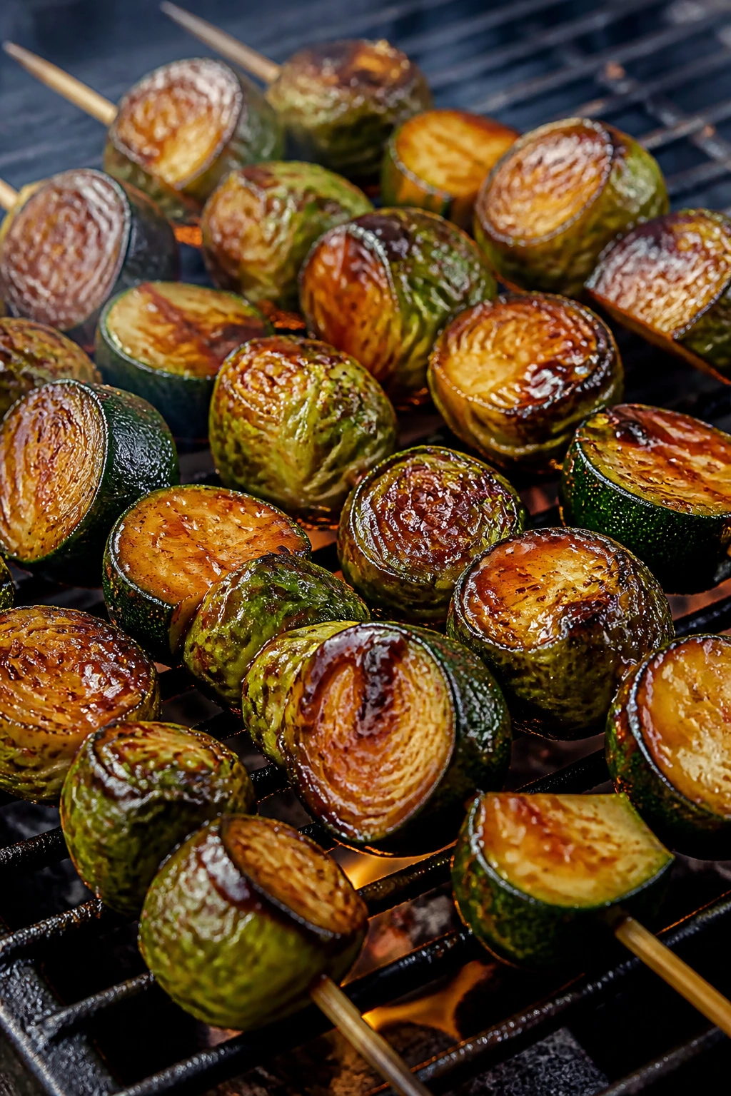 Close-up of Brussels sprouts and zucchini skewers with maple-sriracha glaze on a grill