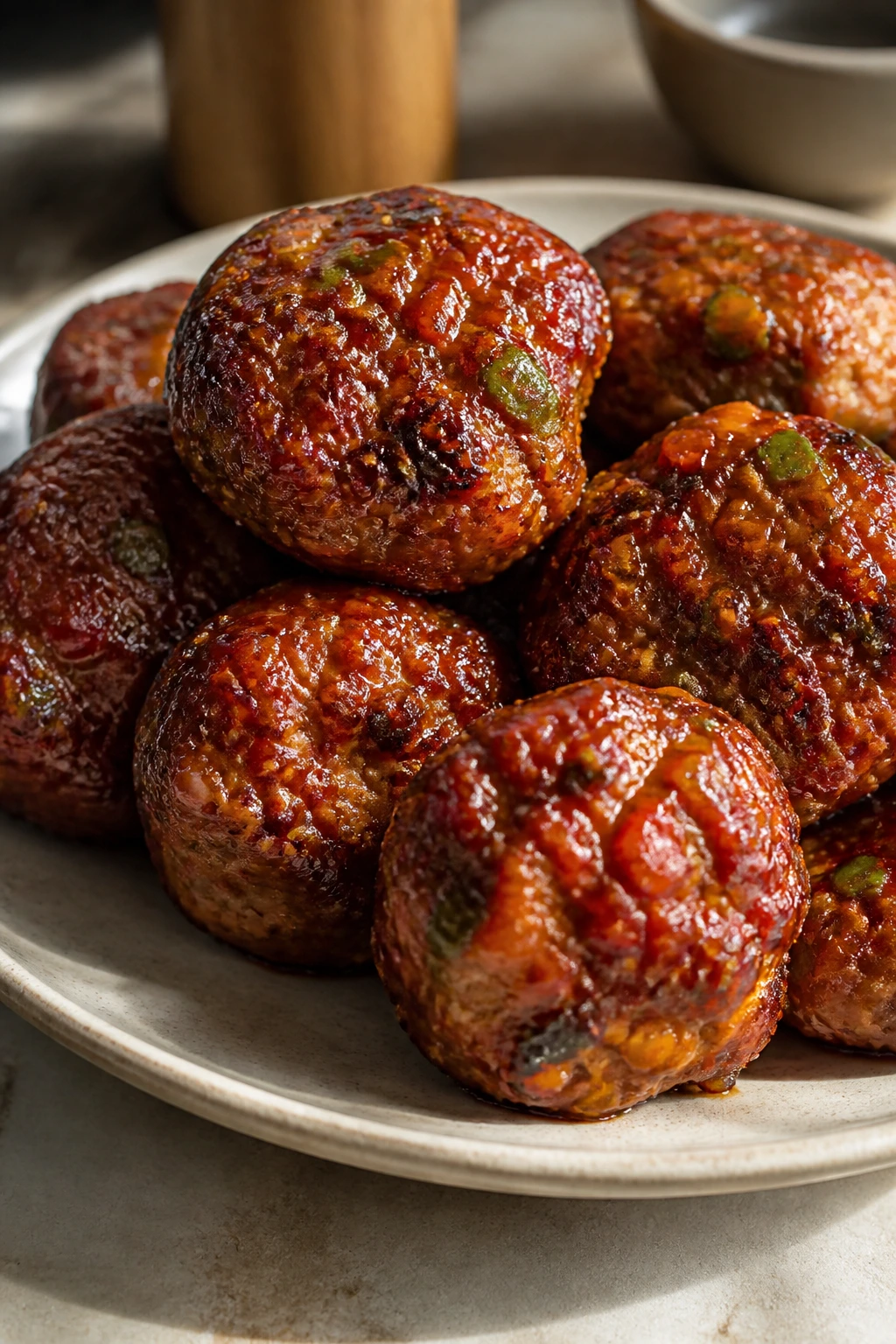 Pork meatballs with ssamjang glaze on light plate