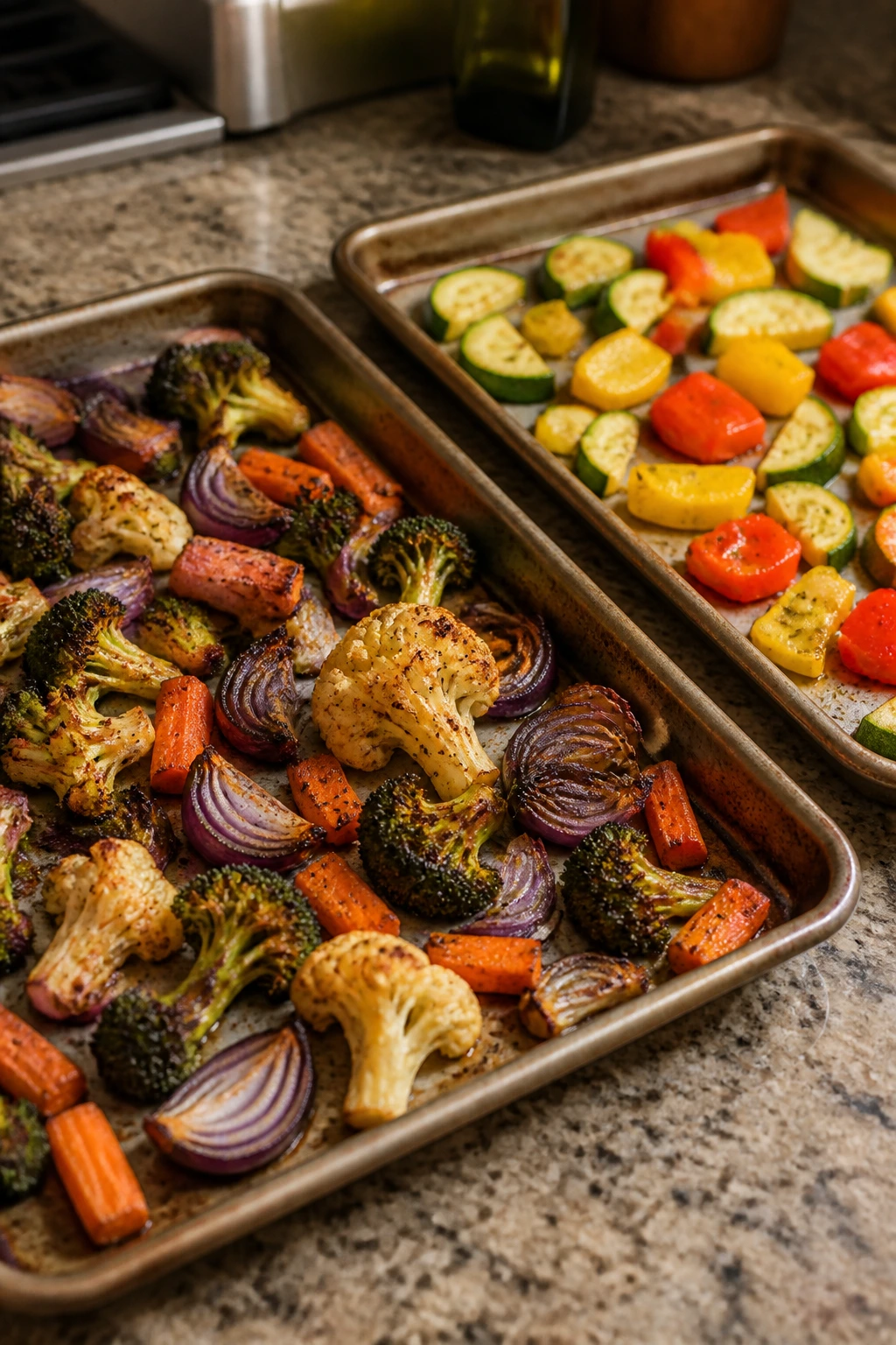 Two pans showing staged roasting with different browning levels