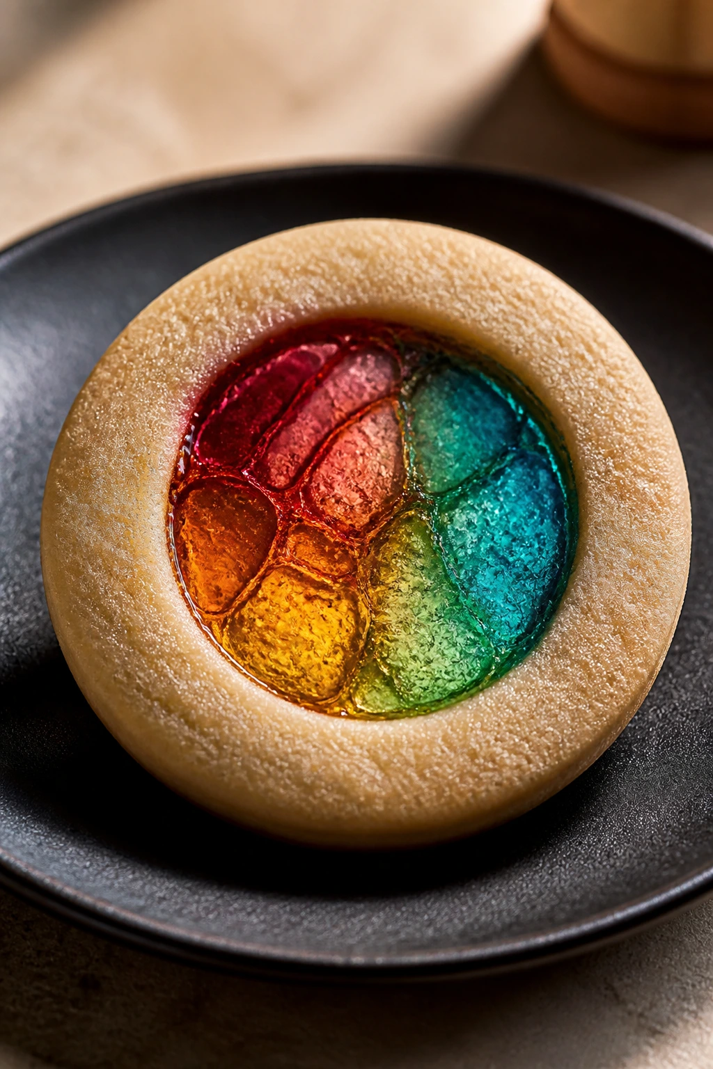 Close-up of stained glass window cookie with colorful candy center