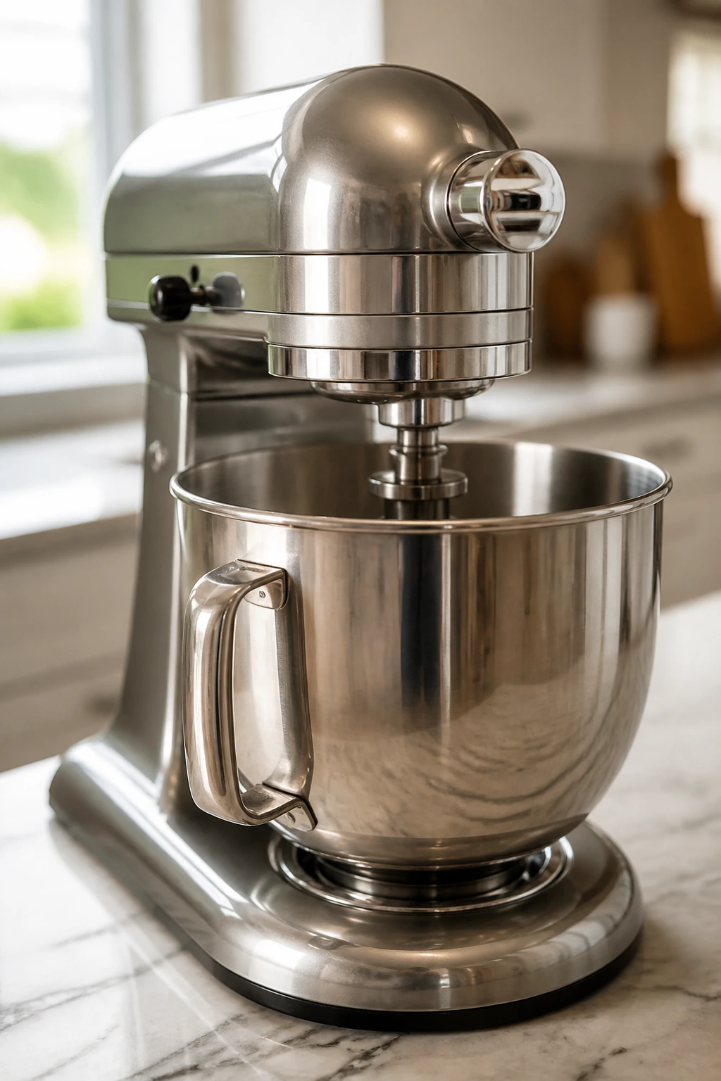 Stand mixer on a kitchen counter ready for baking