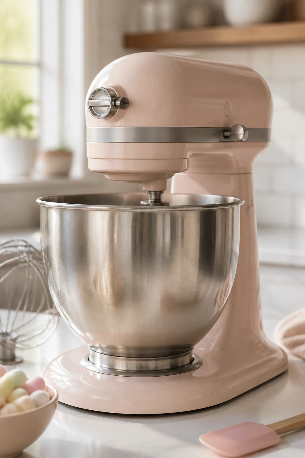 Stand mixer on kitchen counter ready for baking