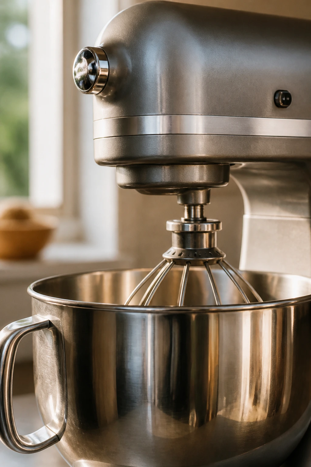 Stand mixer head in a kitchen