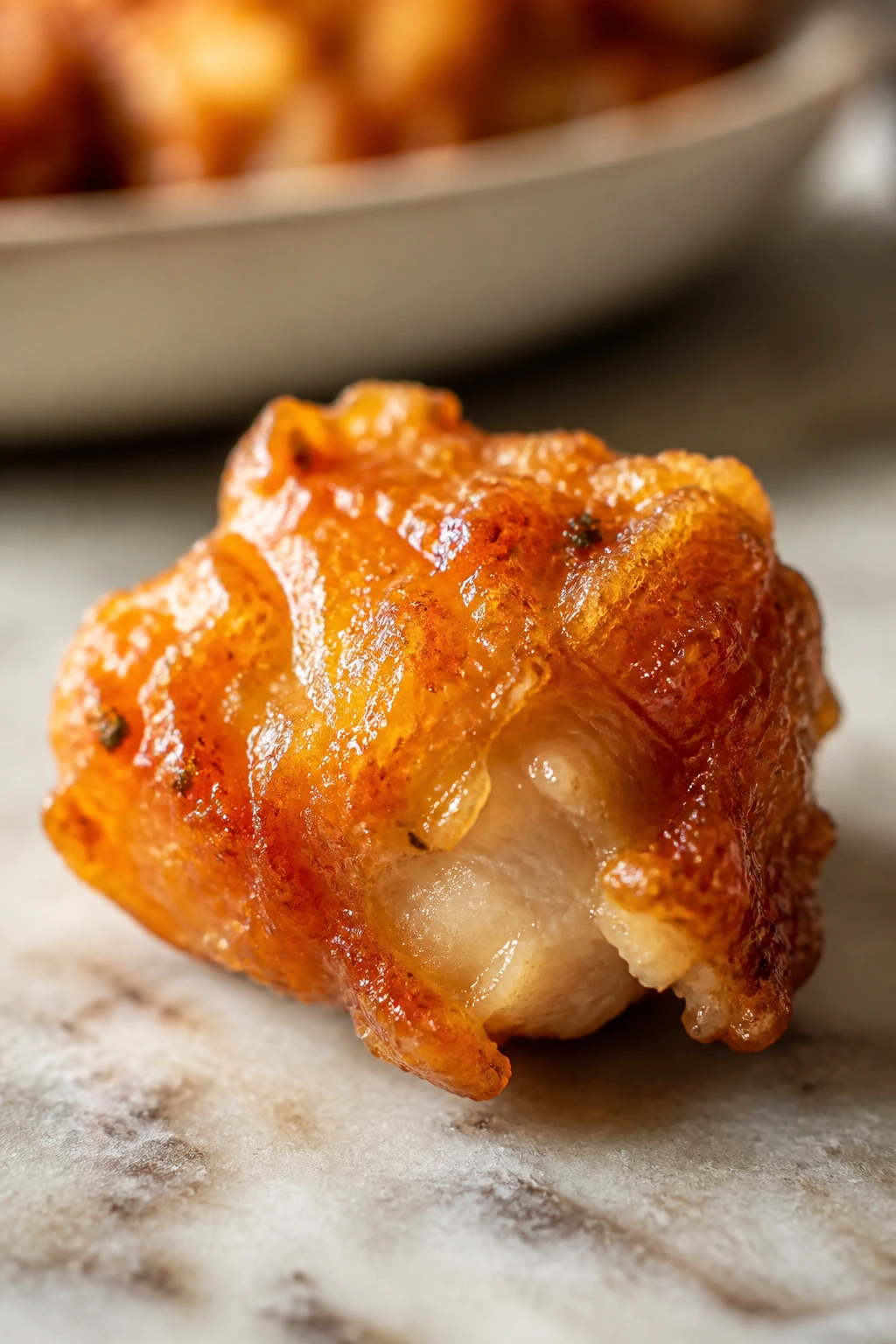 Close-up of a crisp chicken bite with a cornstarch-based crust