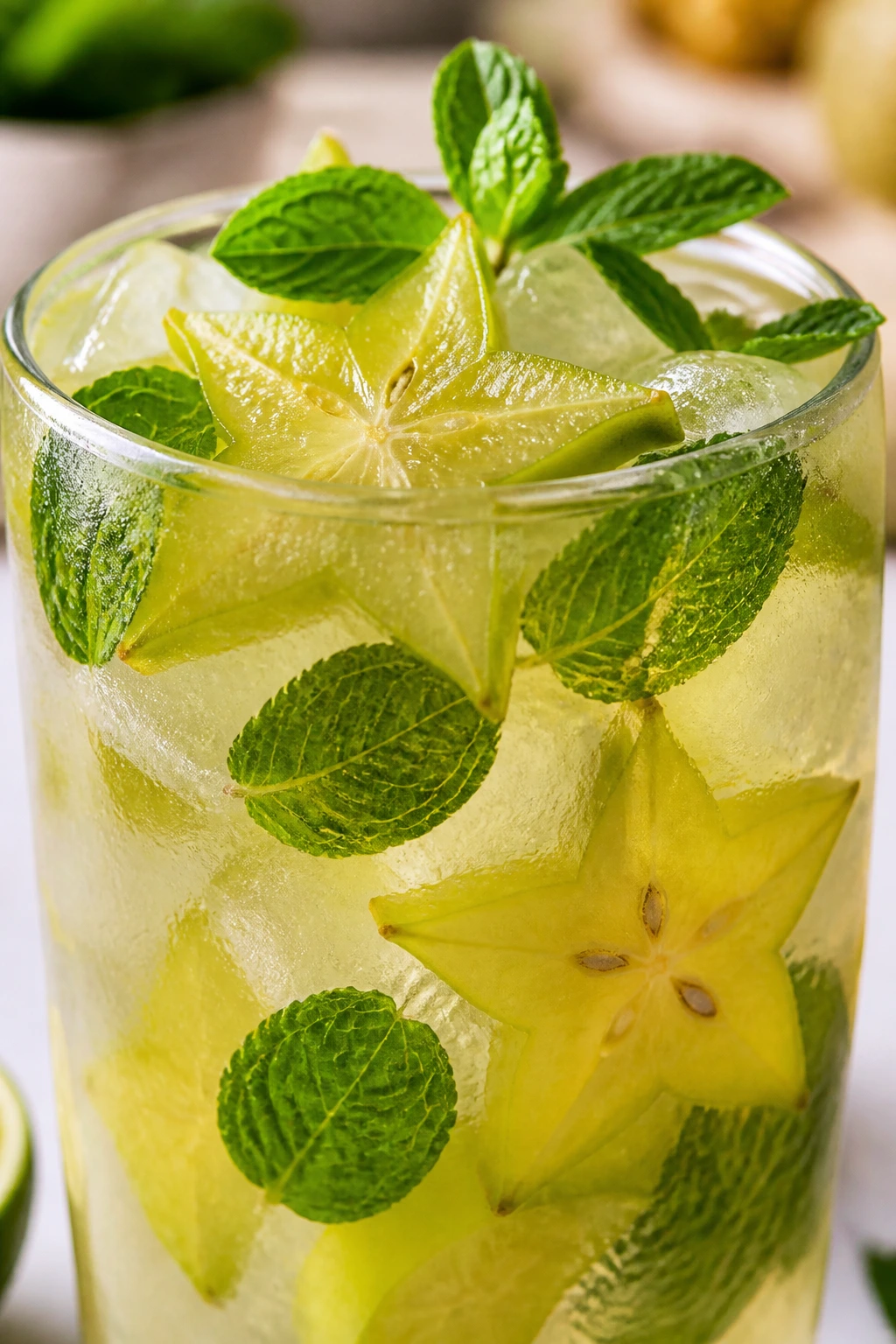 Starfruit mint cooler in a clear glass with starfruit slices