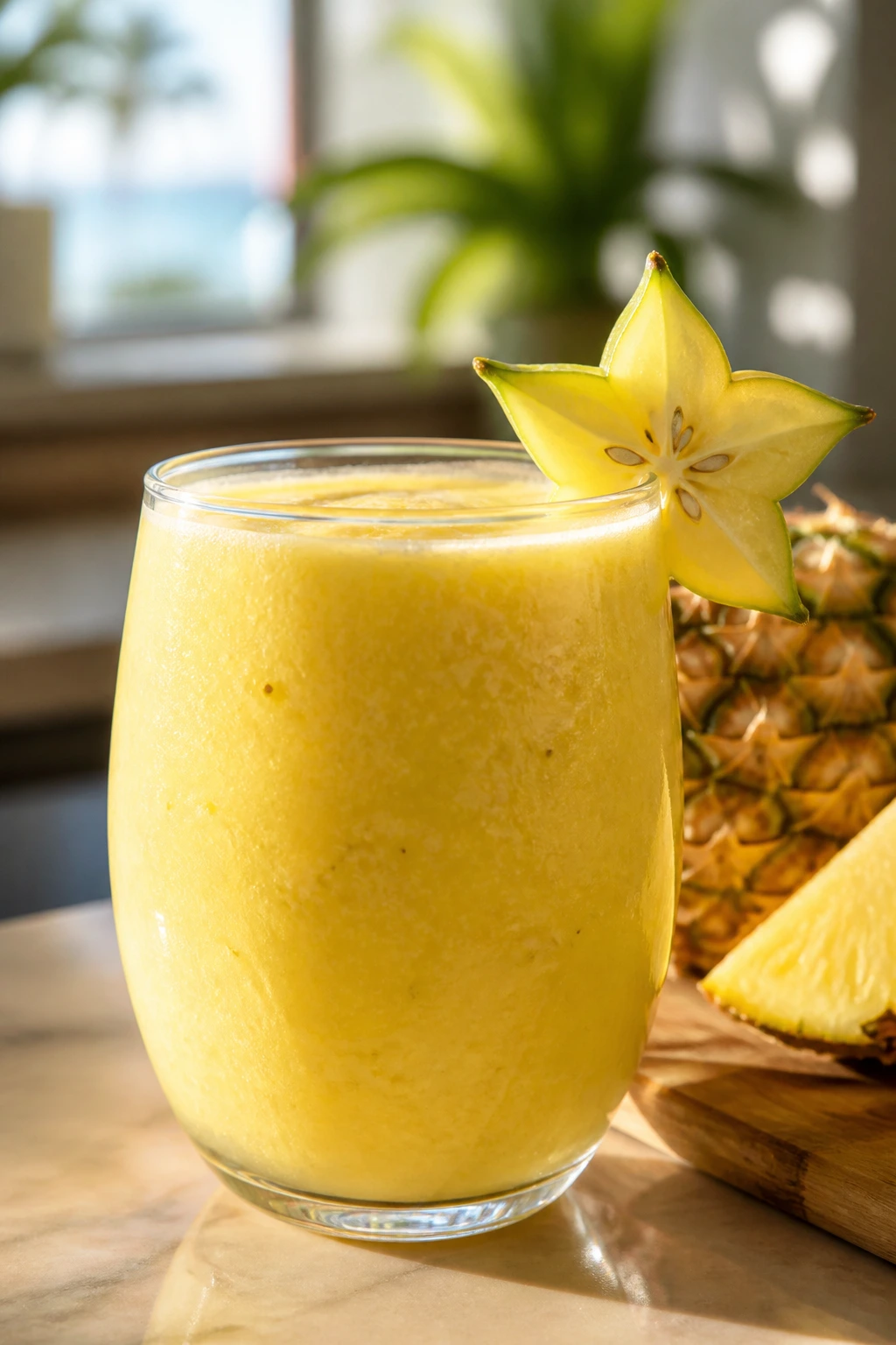 Close-up of a pale gold starfruit pineapple smoothie in a glass on a sunny counter