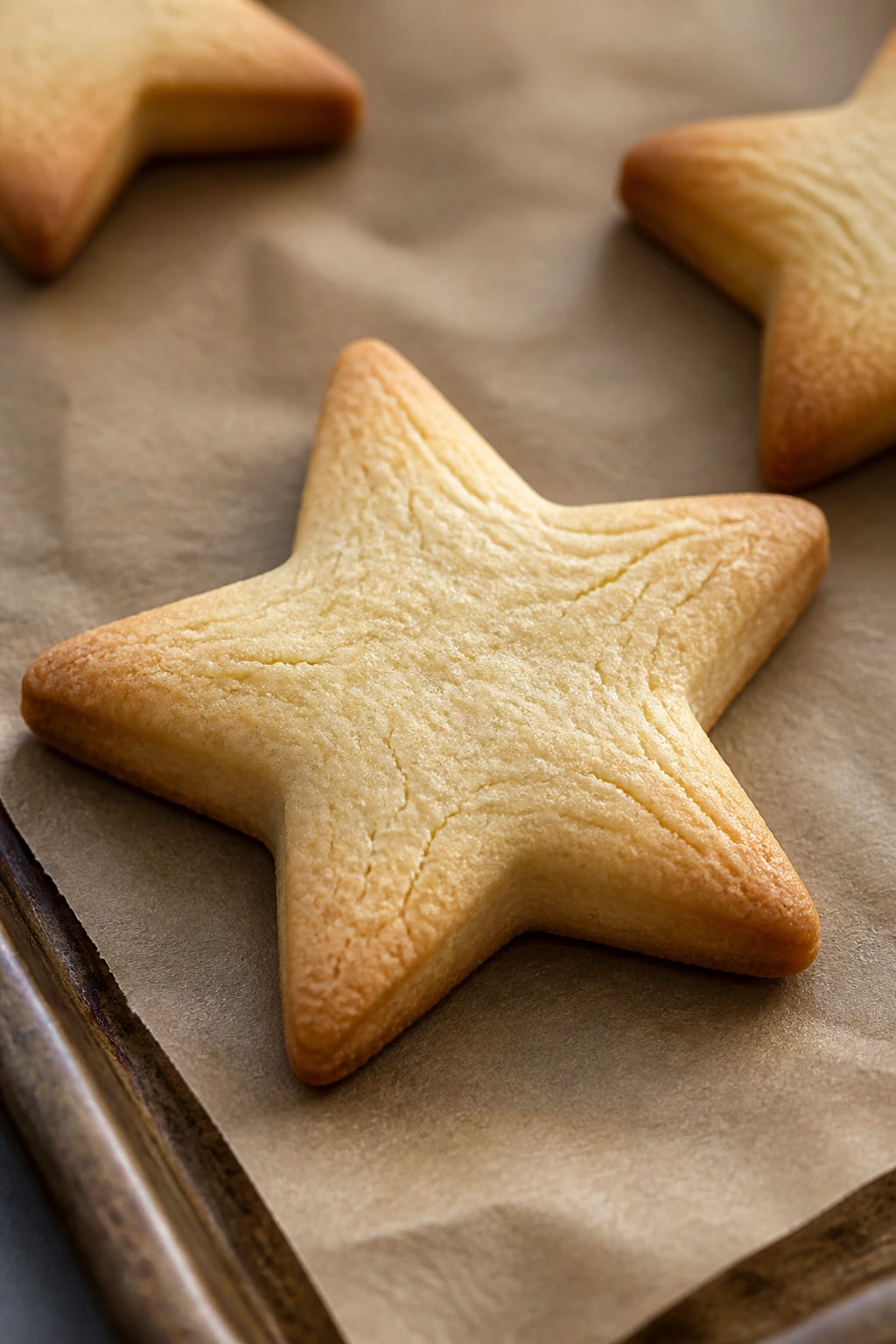 Star-shaped cookie with pale center on parchment under warm kitchen light