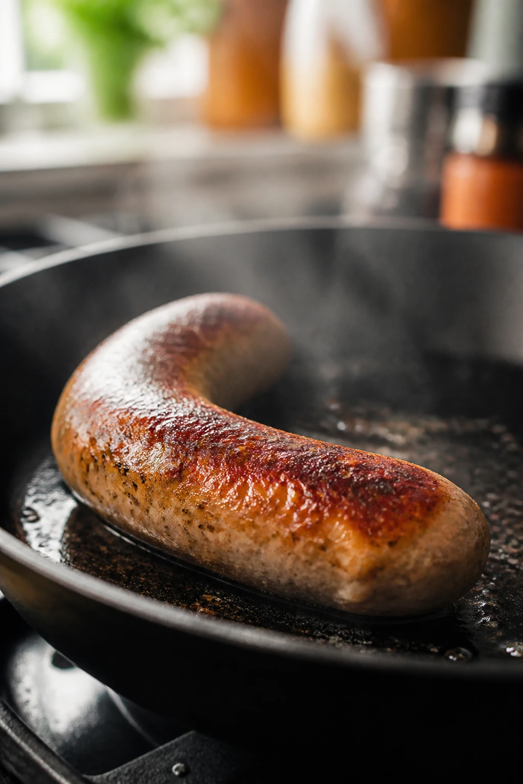 Sausage browning evenly in a pan under steady heat