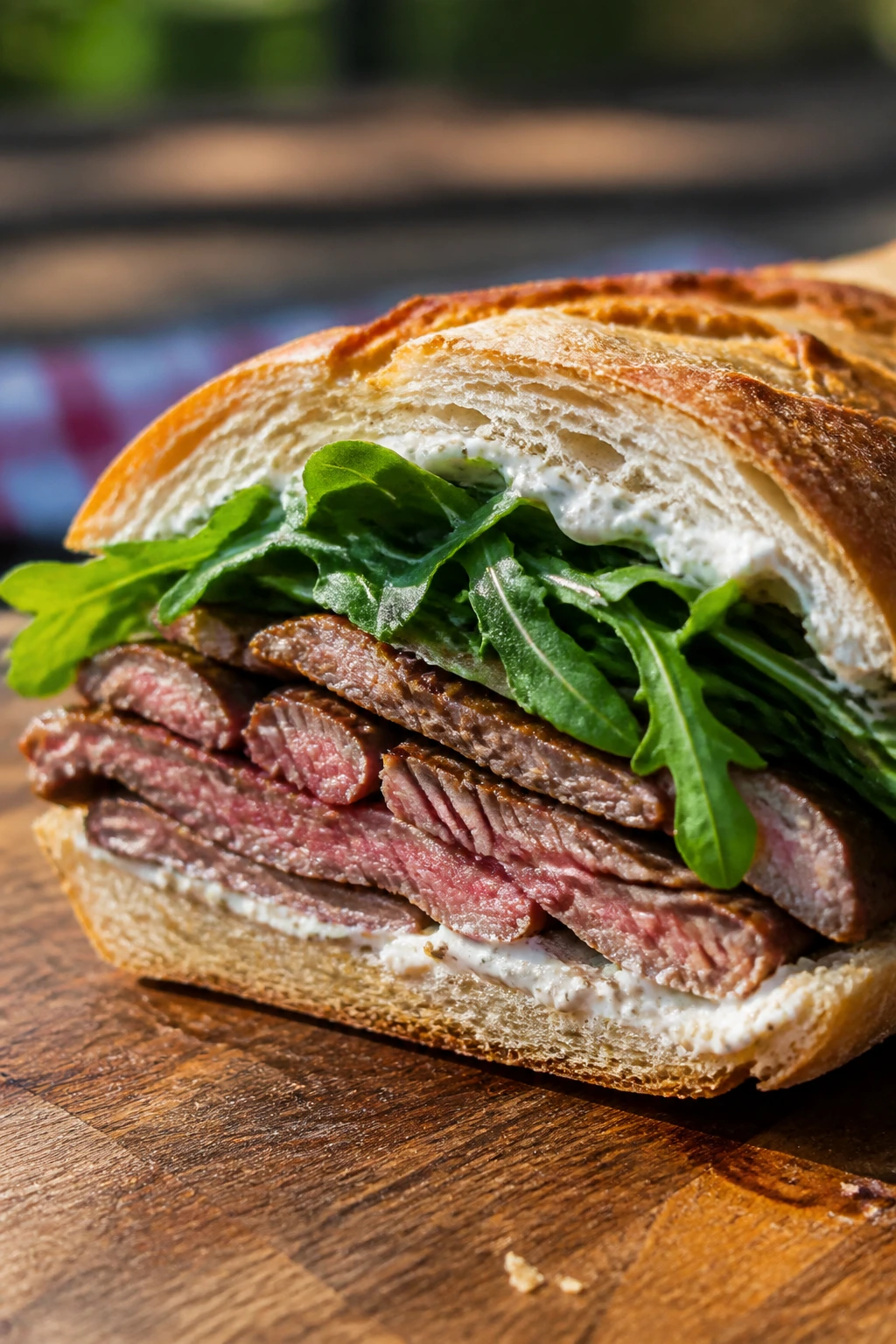 Steak and arugula baguette cross-section sandwich