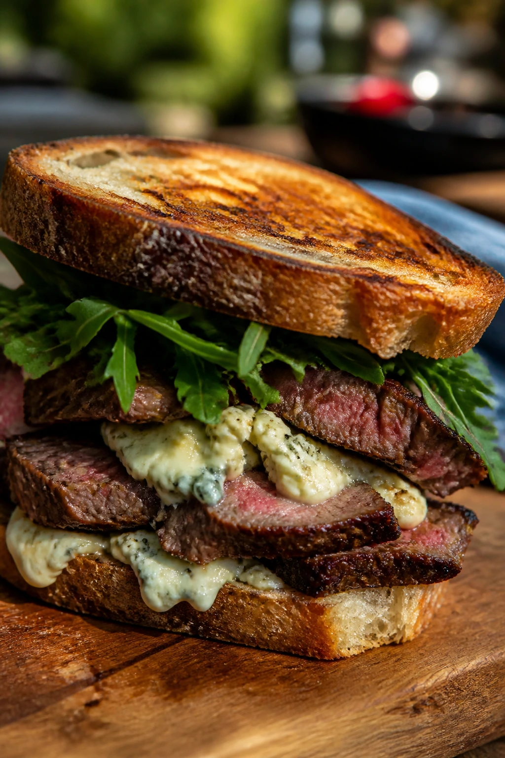 Close-up steak arugula blue cheese melt on sourdough