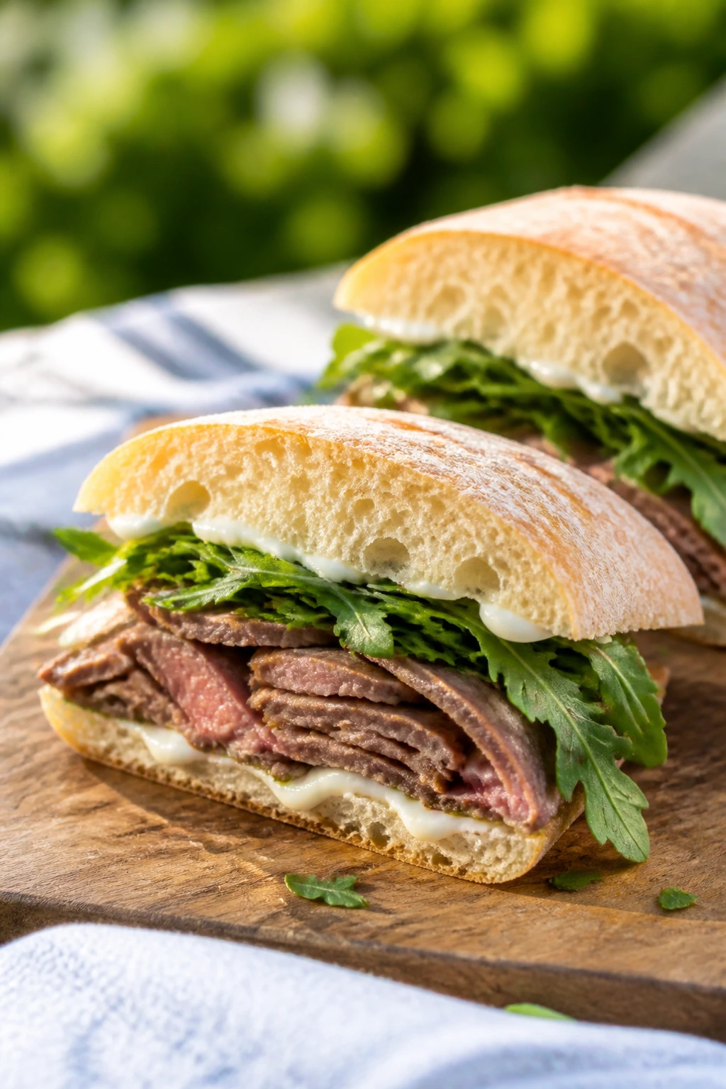 Close-up of steak and arugula sandwich with horseradish mayo