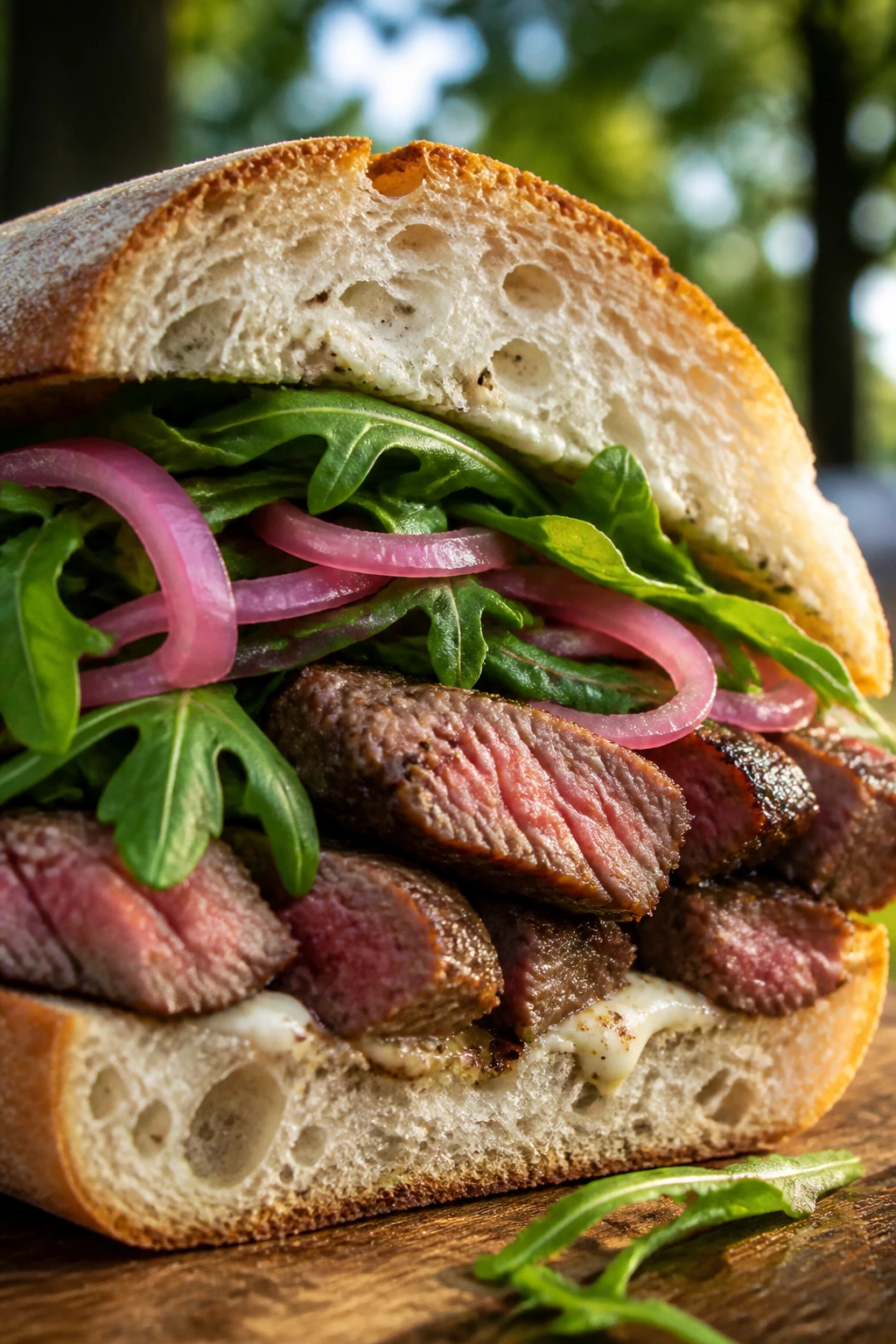 Close-up of steak arugula sandwich with pickled onions on ciabatta