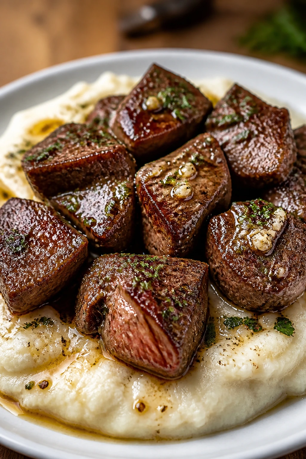 Garlic butter steak bites over cauliflower mash on a plate