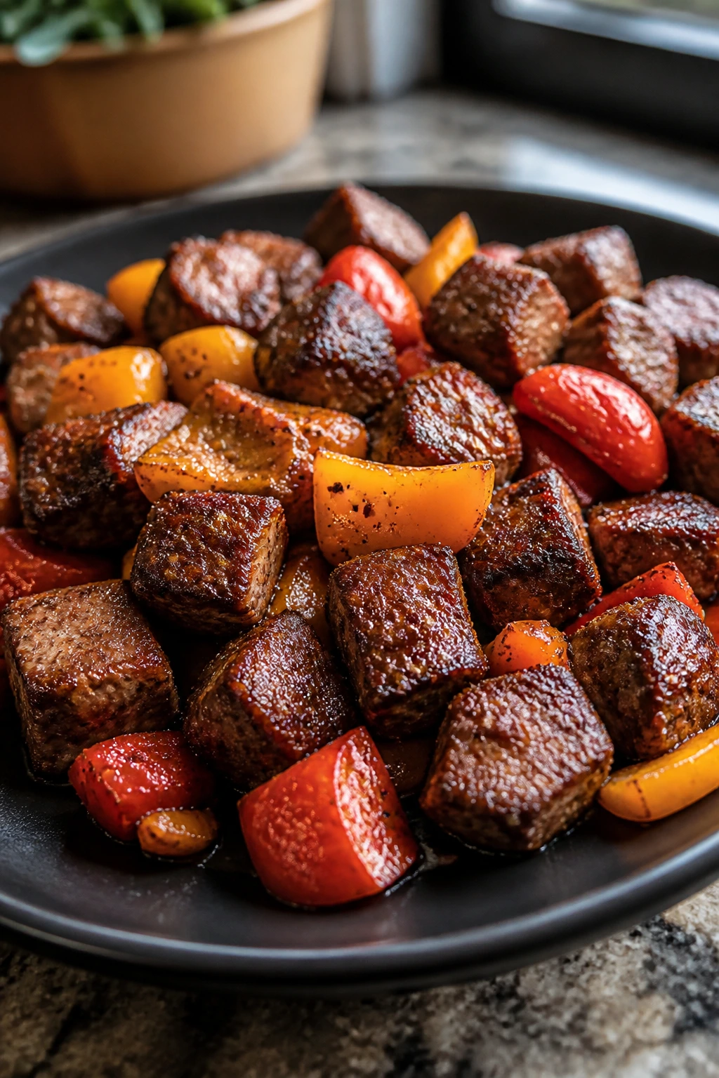 Close-up of chipotle steak bites and peppers on a plate in warm kitchen lighting