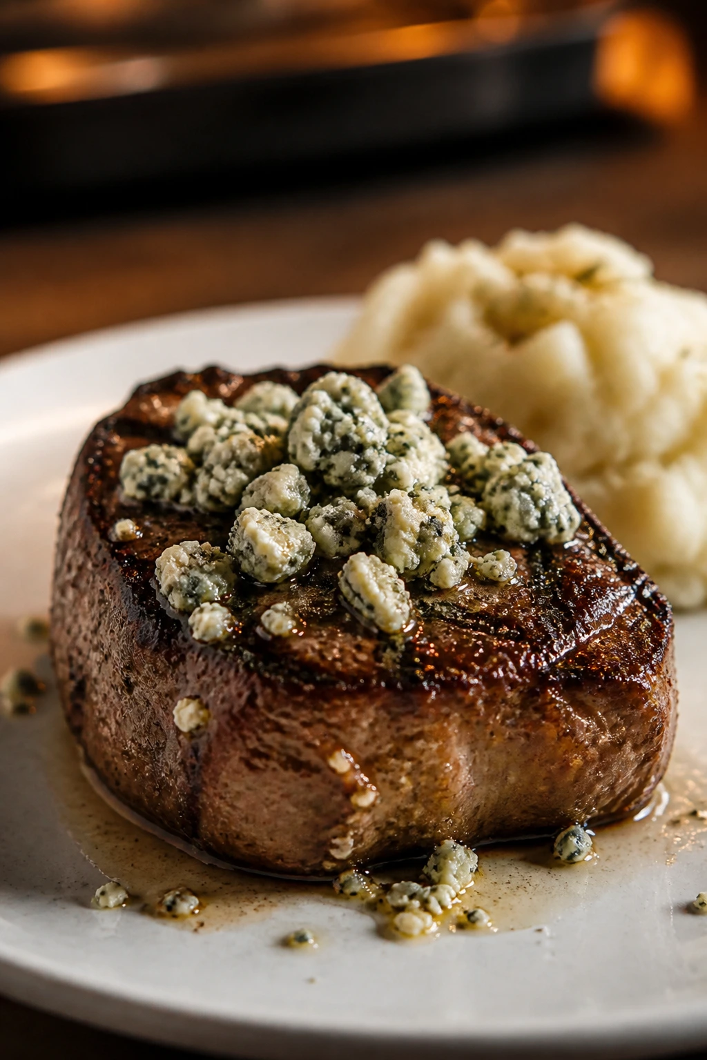Close-up of a blue-cheese finished steak on a plate