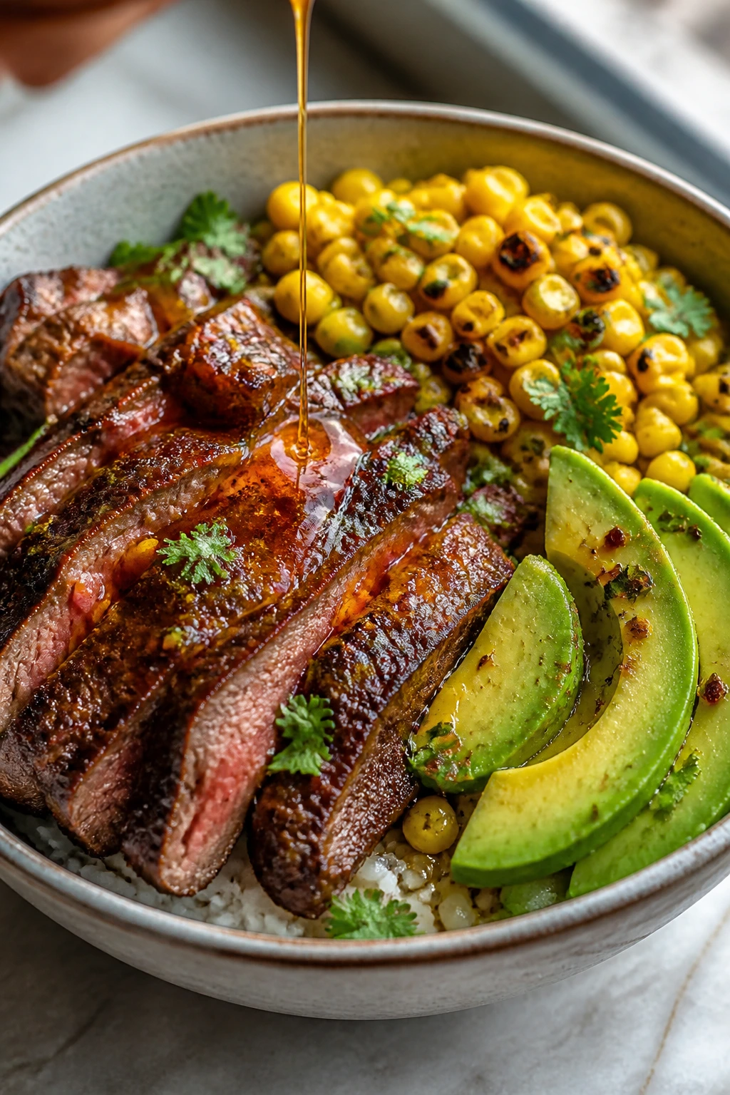 Medium-close bowl of hot honey steak with corn and avocado