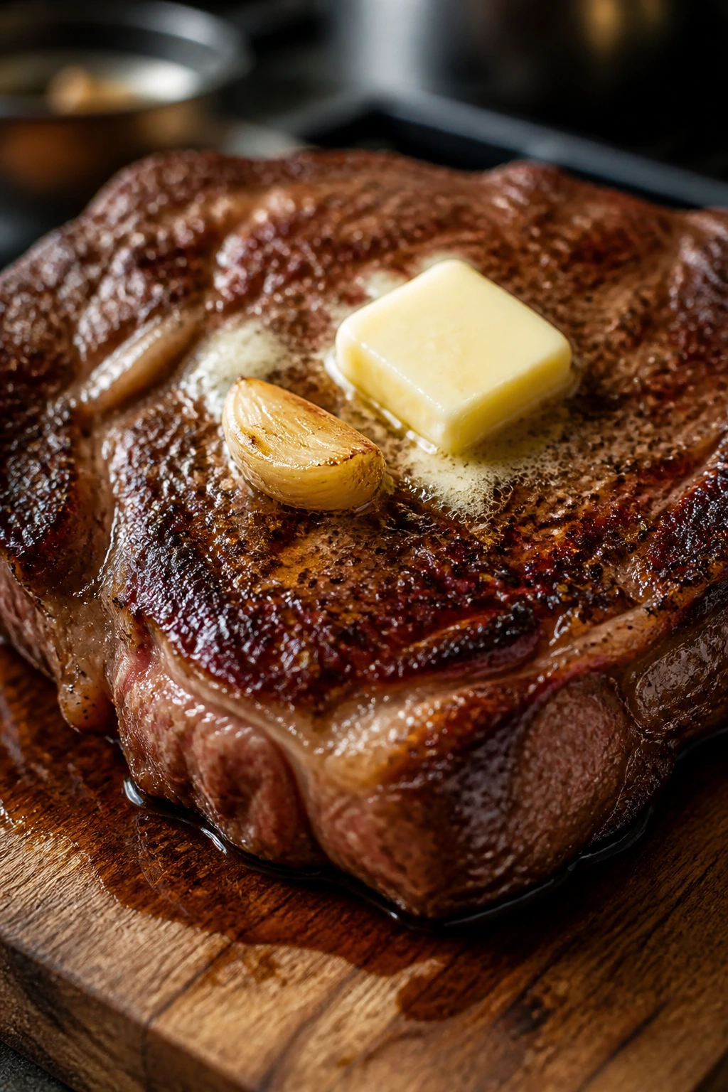 Close-up of a ribeye steak with melting butter on a wooden board