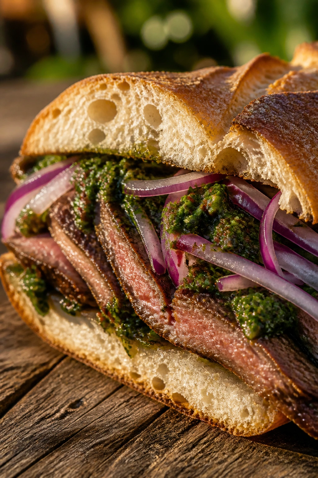 Close-up cross-section of steak chimichurri onions sandwich at a picnic table