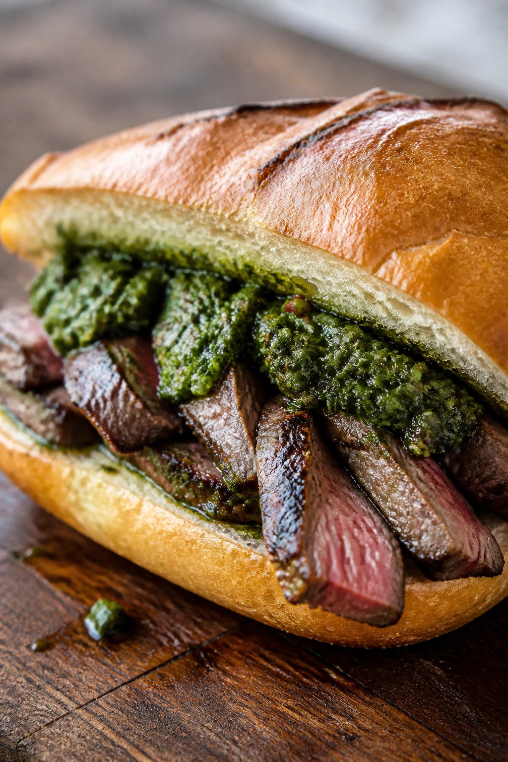 Close-up of steak sandwich topped with chimichurri