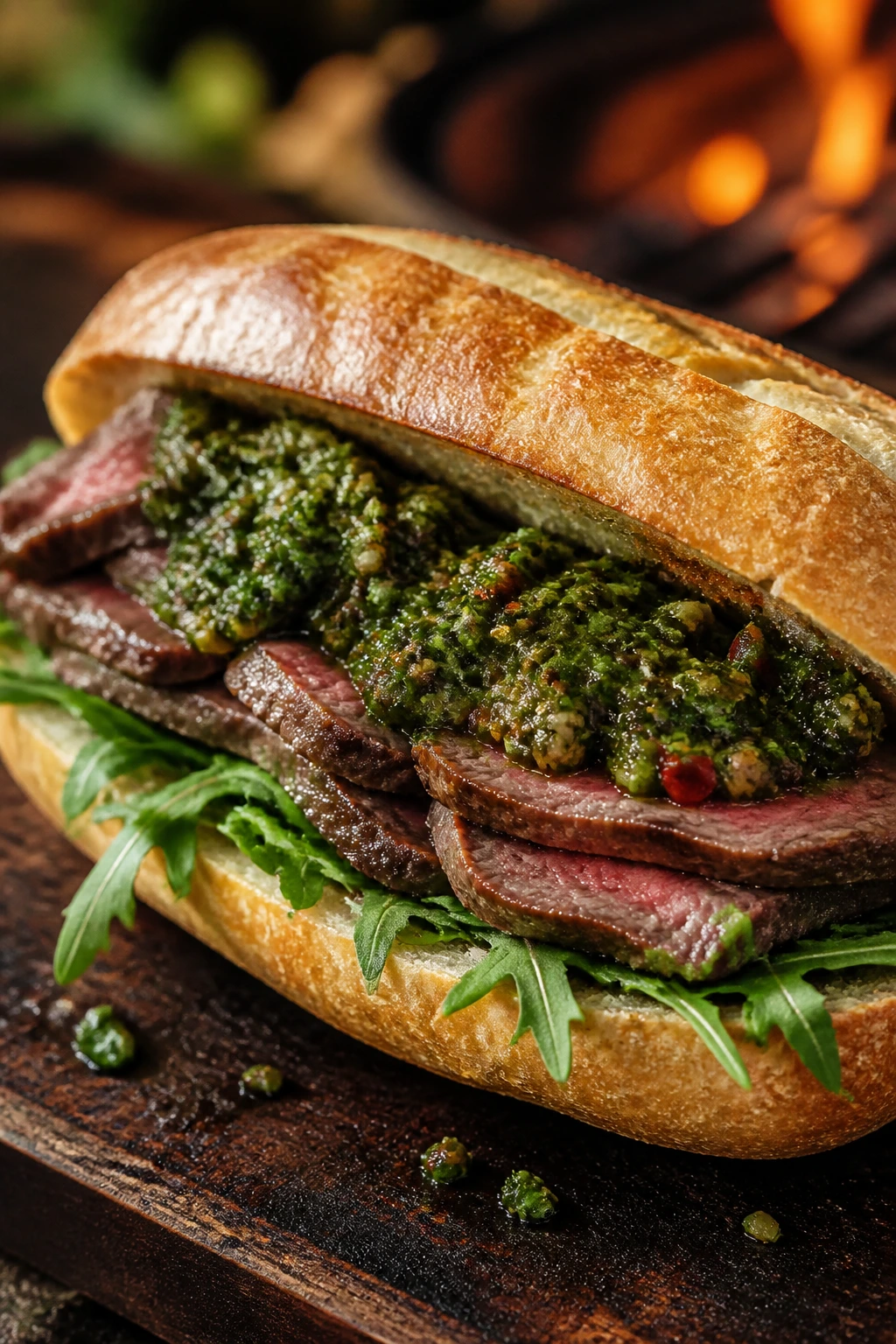 Close-up of steak chimichurri sandwich on wooden board