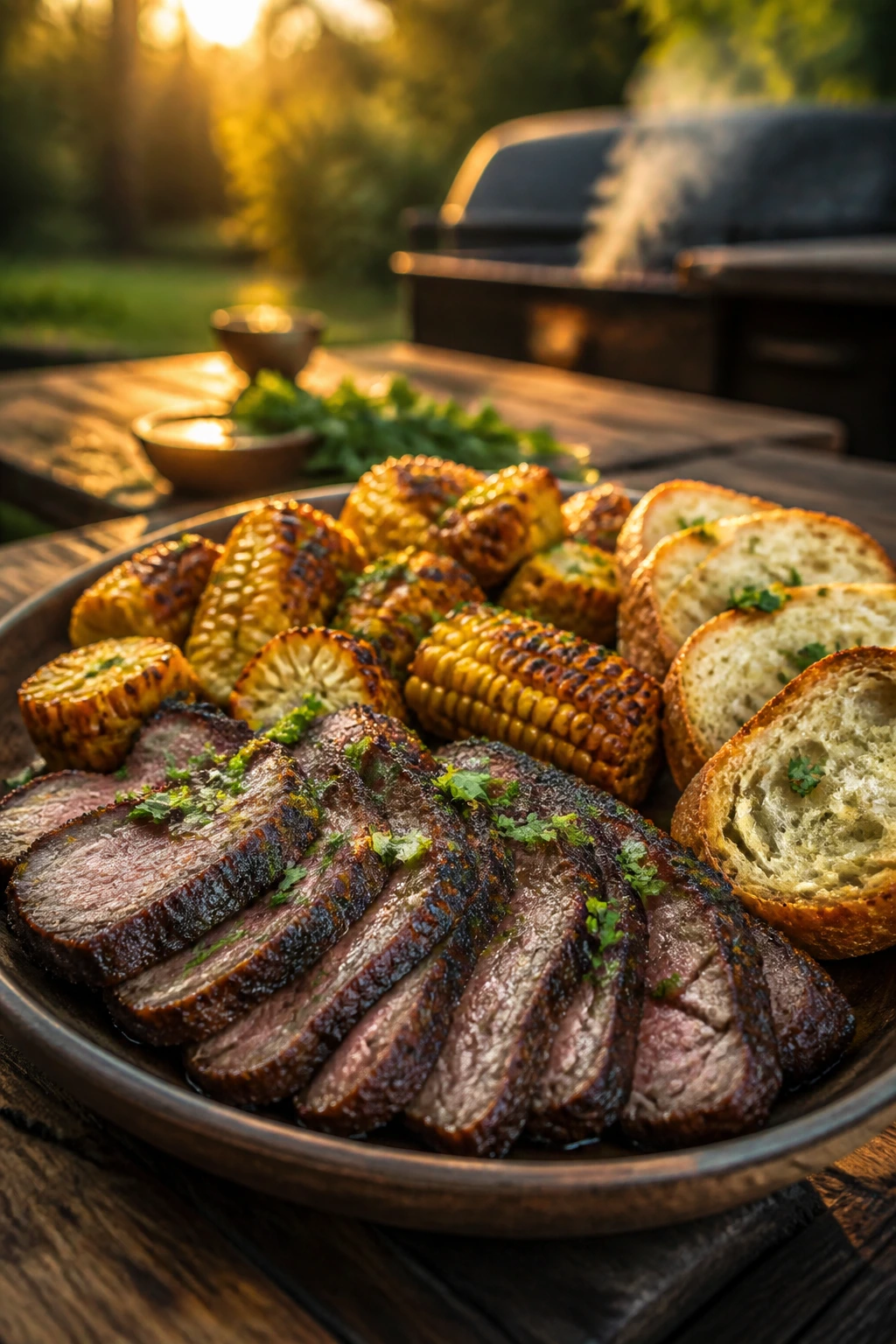Close-up of a rested grilled platter featuring steak, corn, and bread on a wooden table in a sunlit backyard.