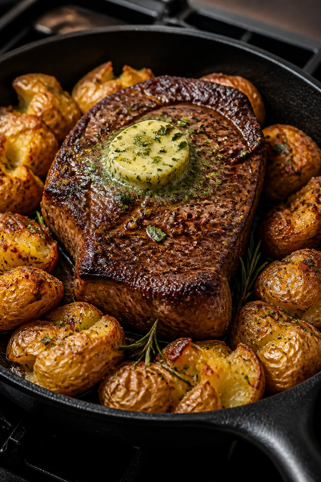 Seared steak with crispy potatoes and herb butter in a skillet.