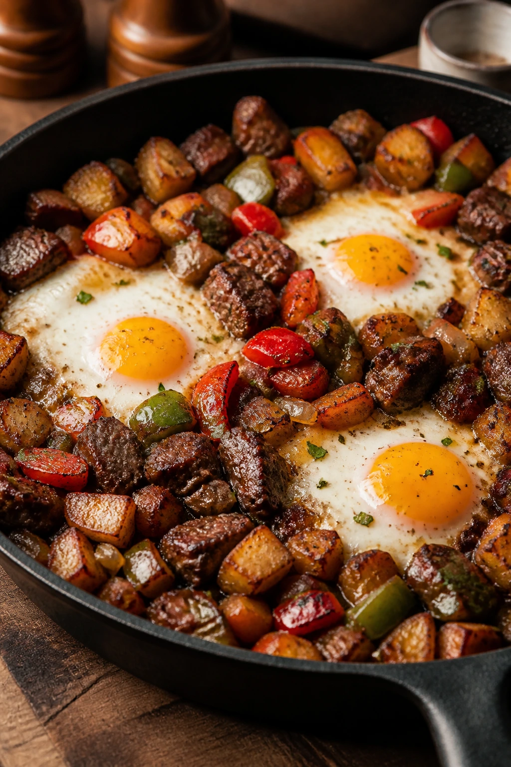 Close-up of steak and egg breakfast hash in a skillet.