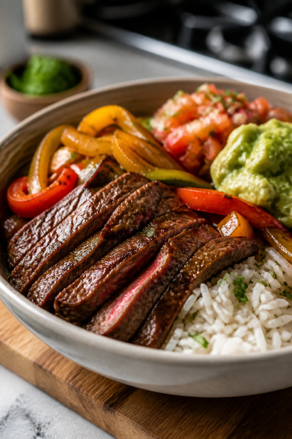 Steak fajita bowl with steak, peppers, onions, and rice