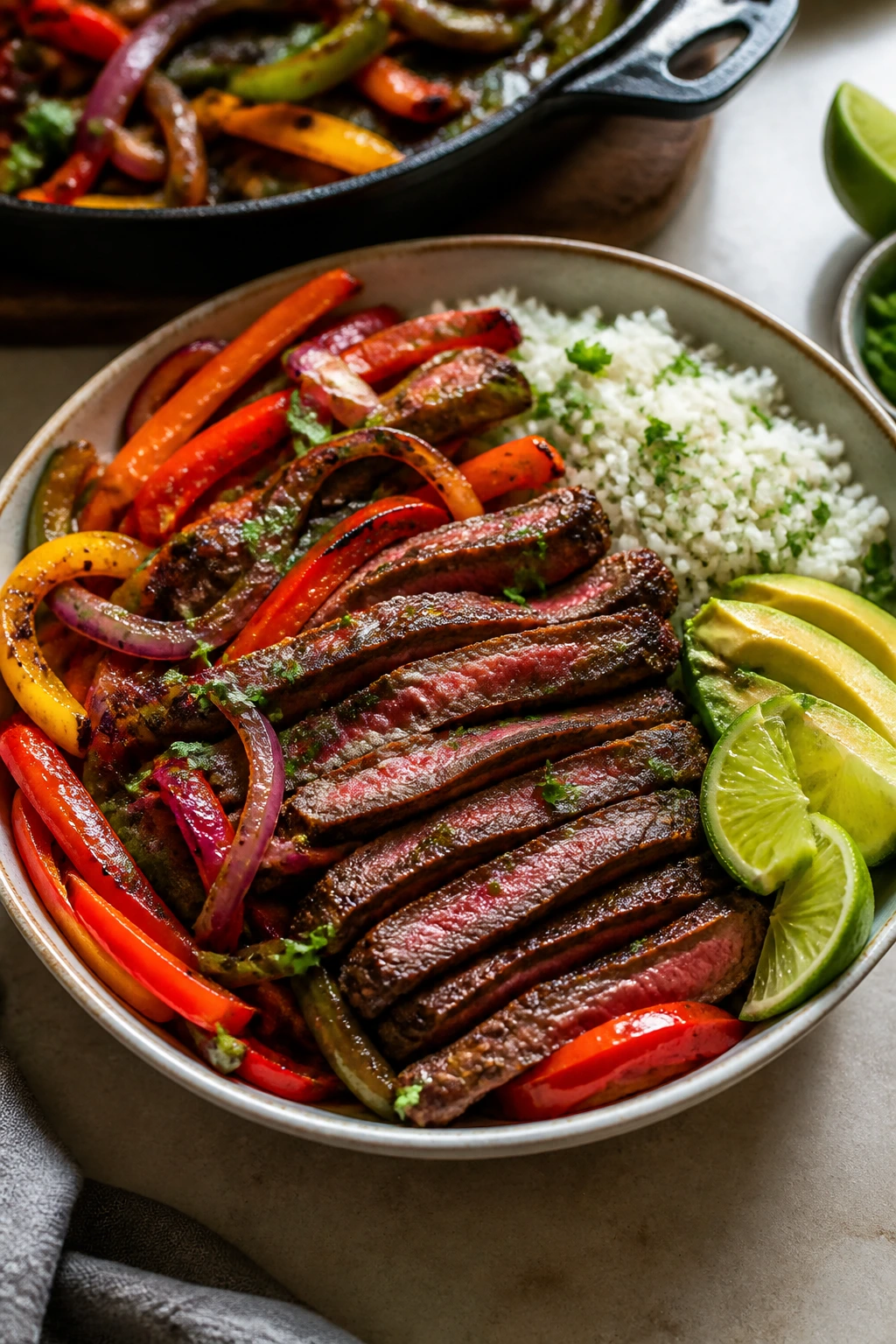 Close-up of a steak fajita bowl with steak, peppers, onions and rice
