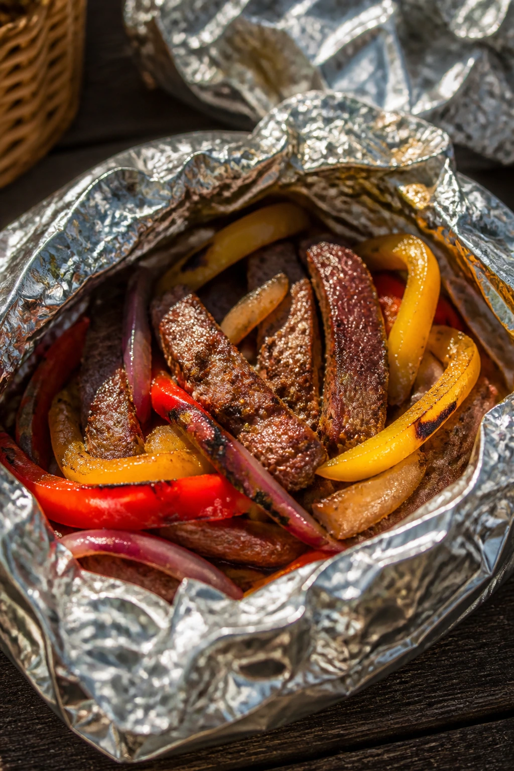 Openable foil packet with steak, peppers, and onions outdoors