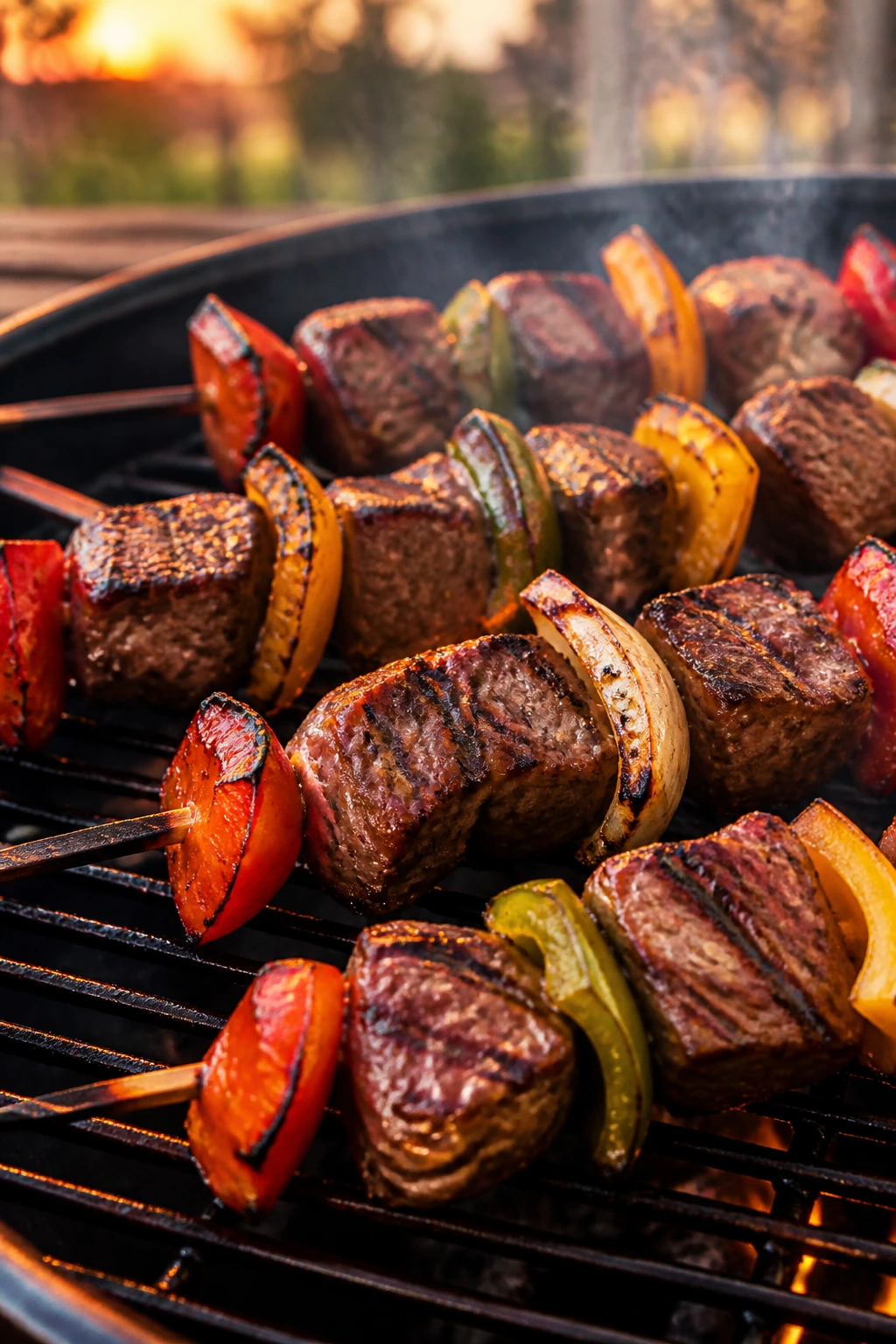 Close-up of steak fajita skewers with peppers on a hot outdoor grill