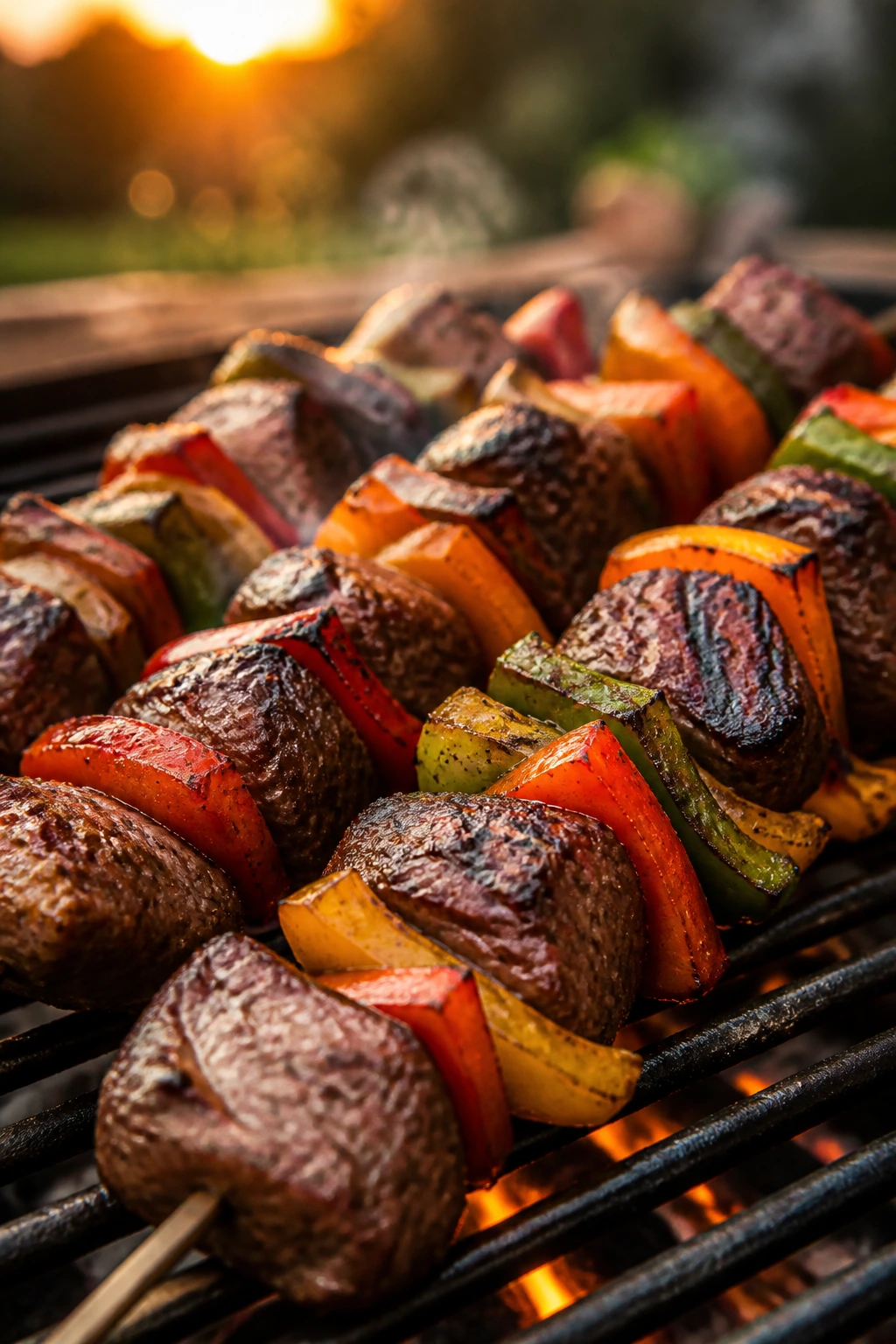 Close-up steak fajita skewers on grill outdoors