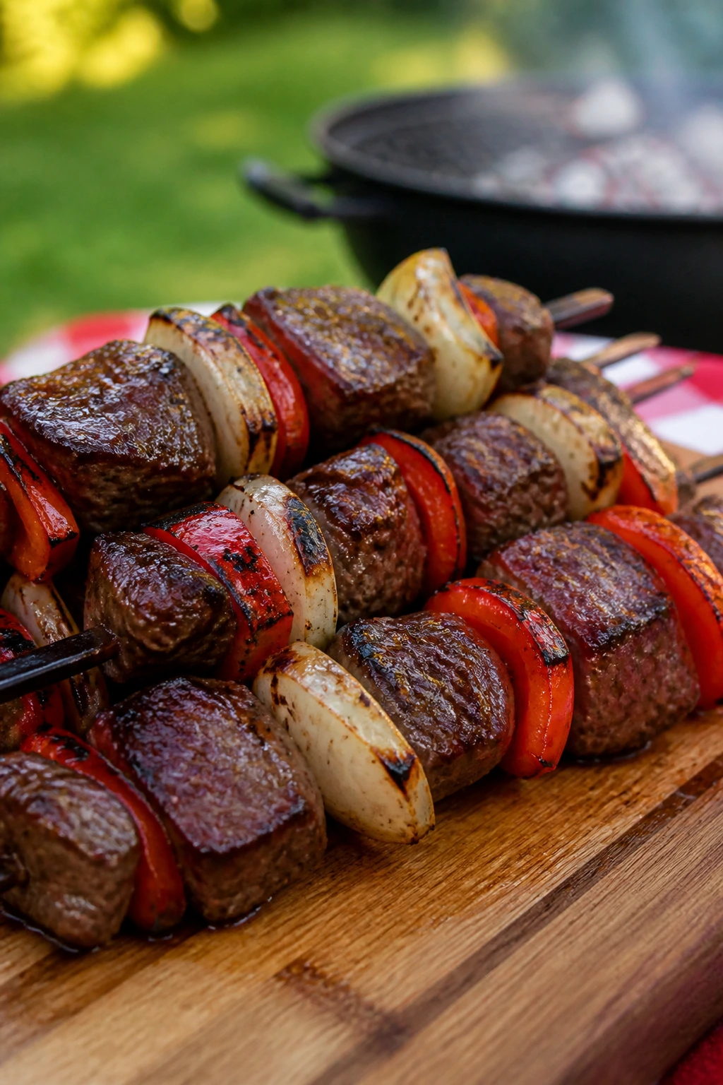 Close-up of steak fajita skewers with peppers and onions outdoors