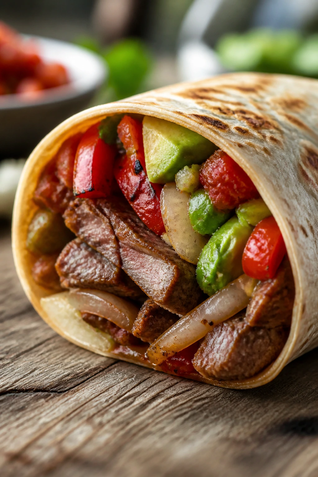 Cross-section of steak fajita wrap on a rustic outdoor table