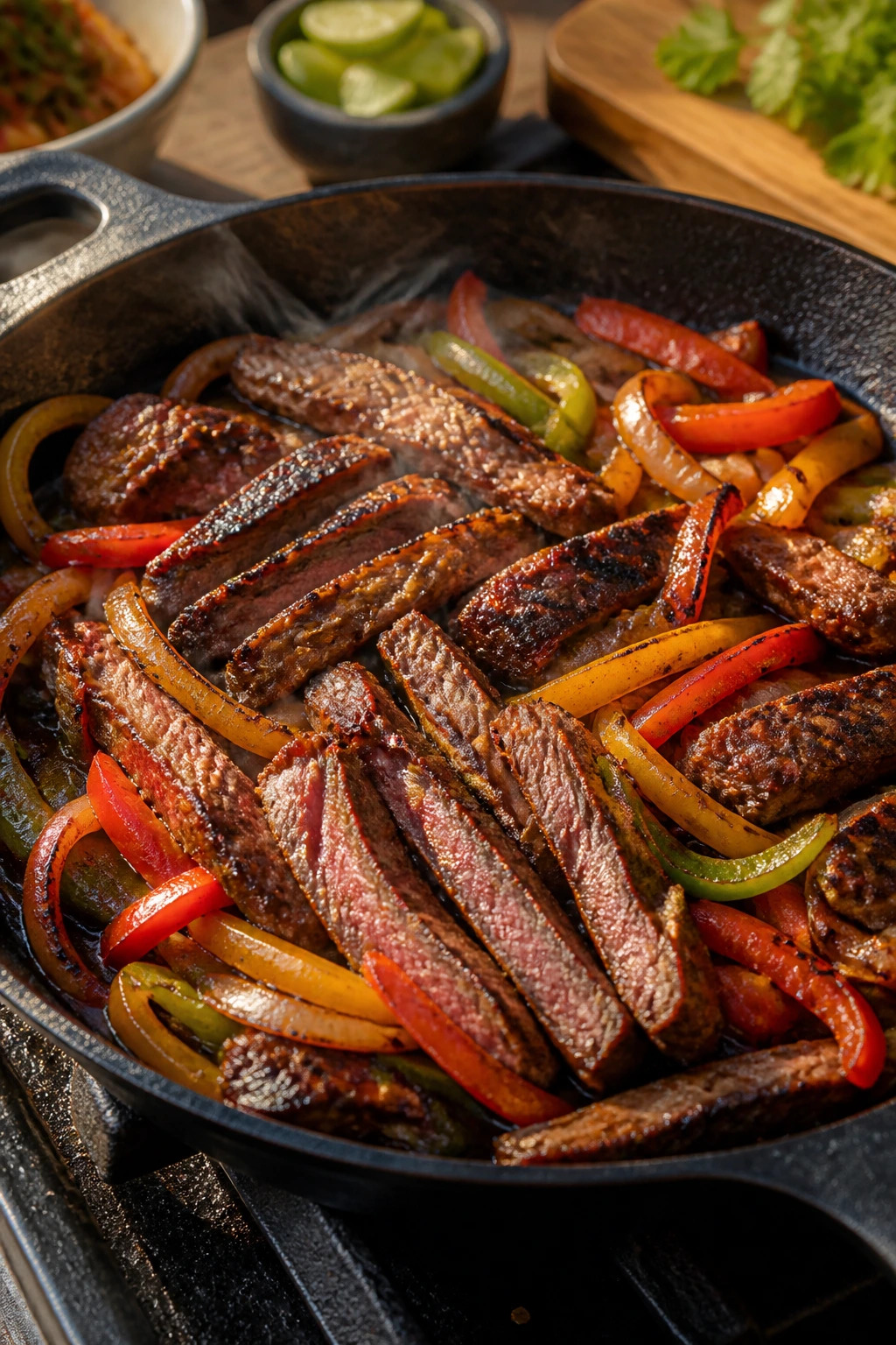 Close-up of grilled steak fajitas with peppers and onions on a skillet