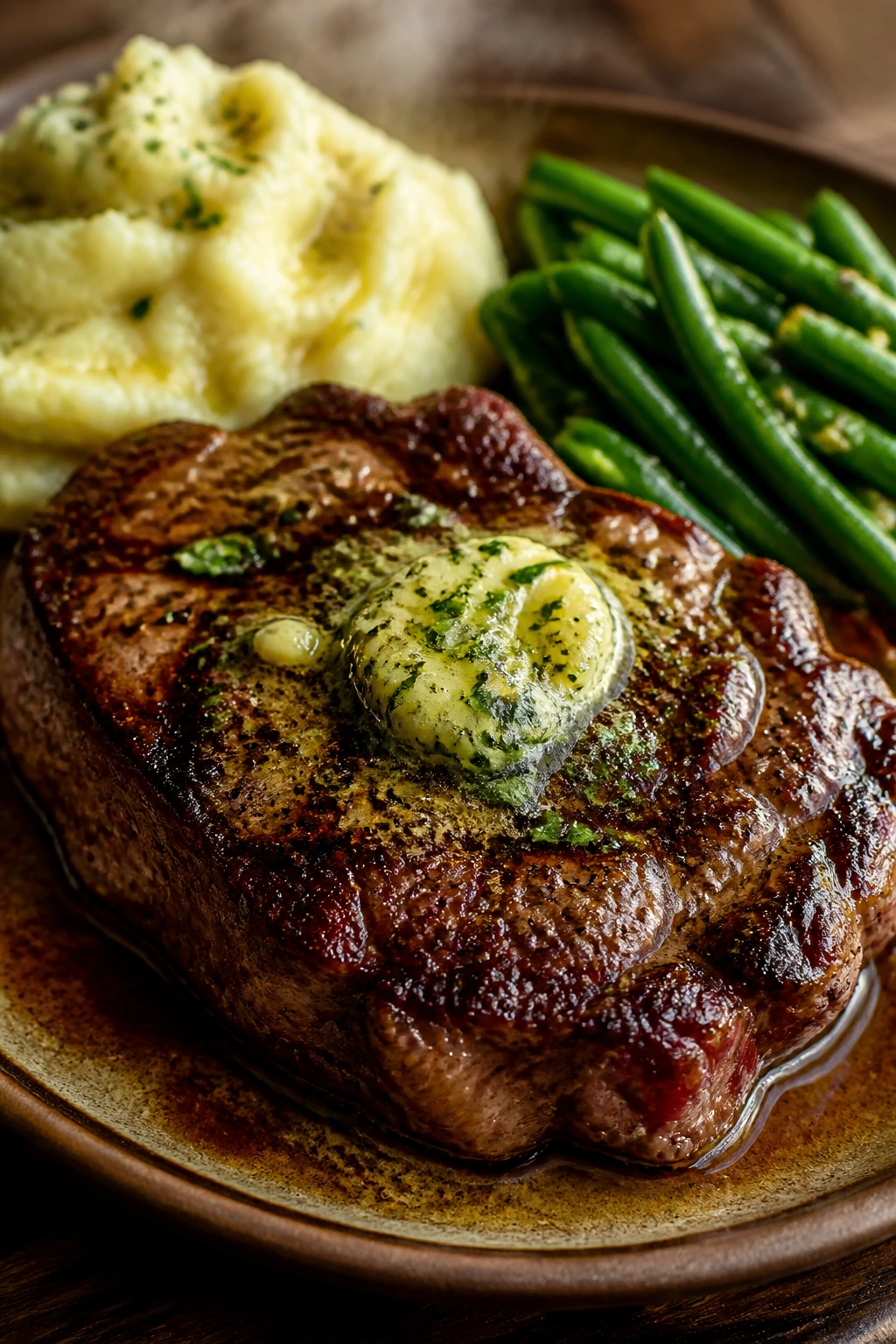 Plated steak with garlic butter, mashed potatoes, and green beans