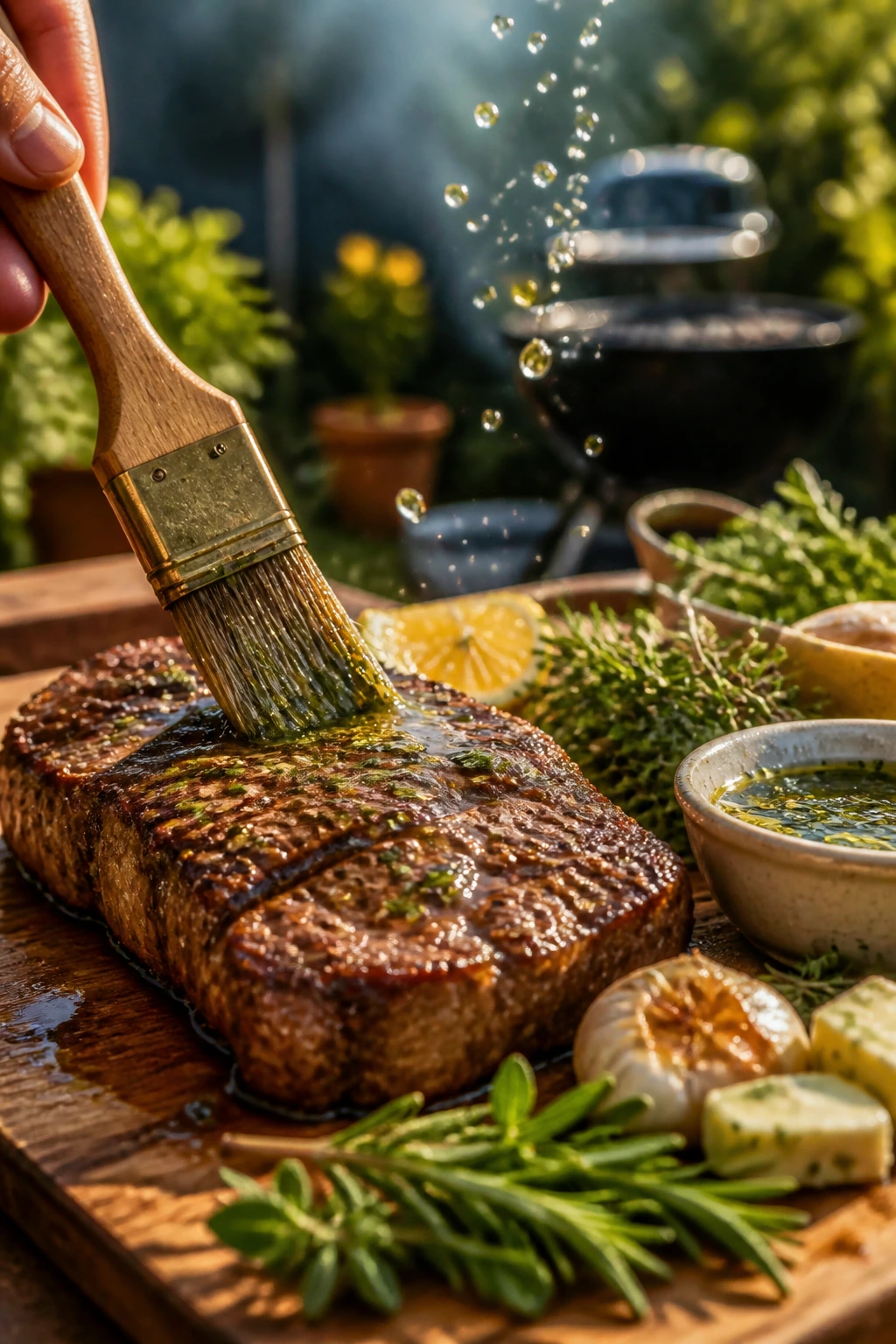 Close-up of steak being finished with herb oil and lemon in a backyard grilling scene