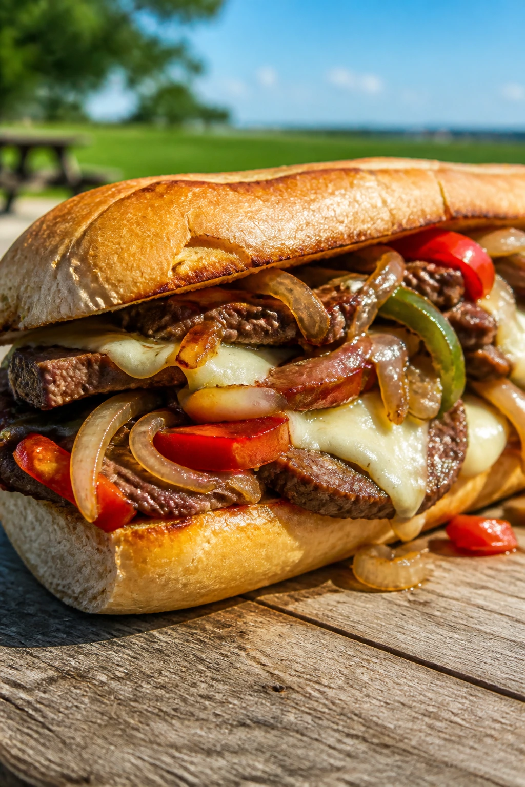 Close-up of steak and peppers hoagie on a wooden picnic table outdoors