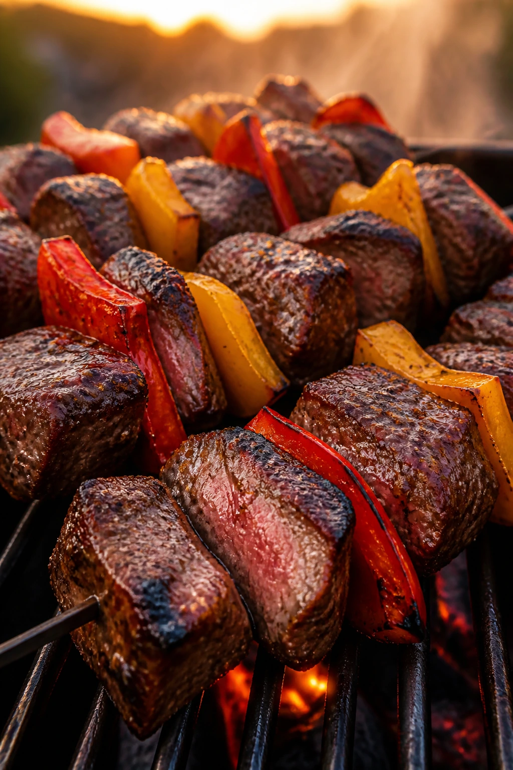 Close-up of steak and pepper kebabs on skewers over a grill.