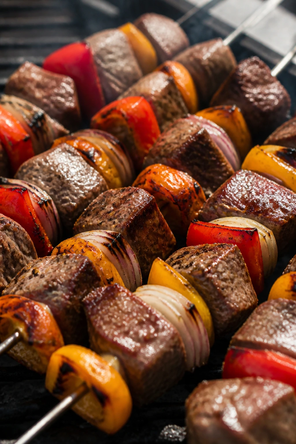 Close-up of steak and pepper kebabs with char marks and vegetables.