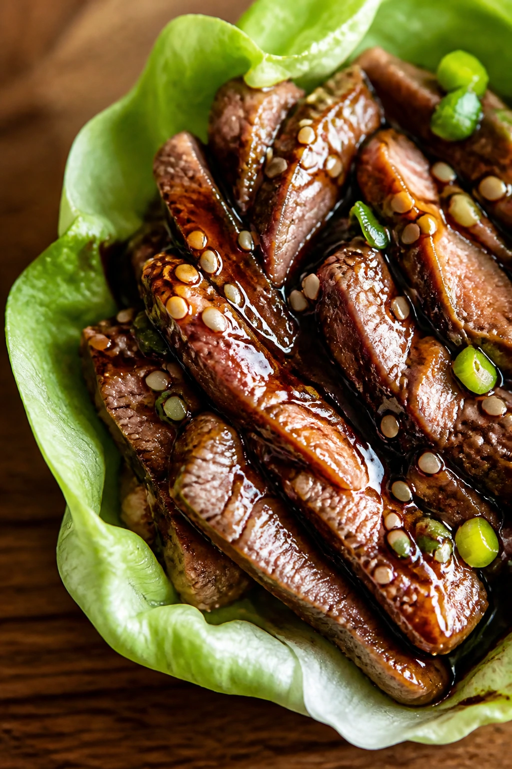 Close-up of steak lettuce cup with teriyaki glaze