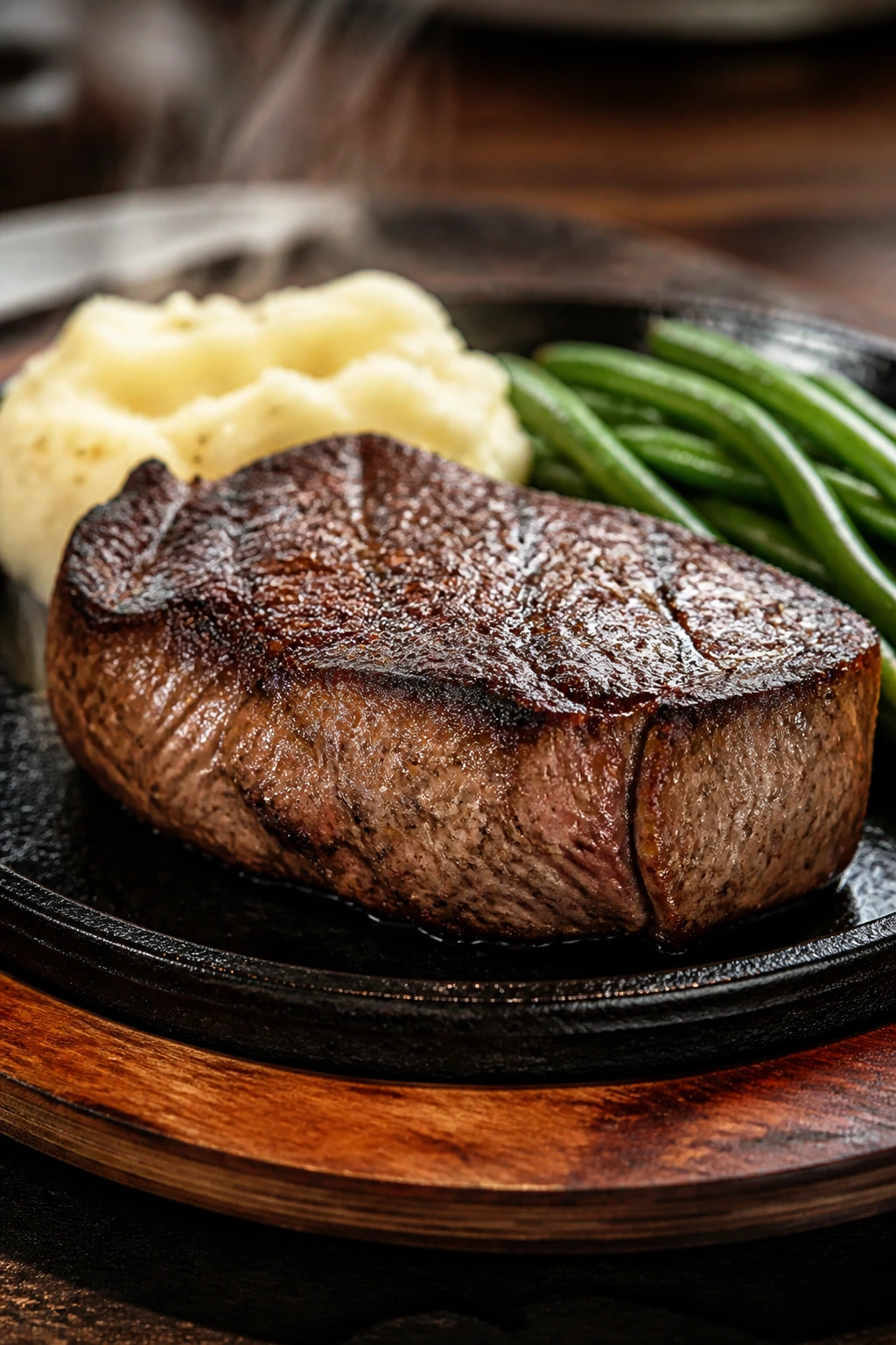 Close-up steak on hot plate with mashed potatoes and green beans
