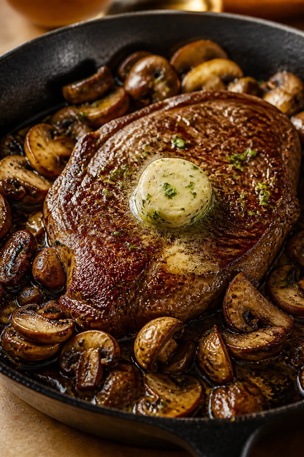 Seared steak and mushrooms with herb butter in a skillet