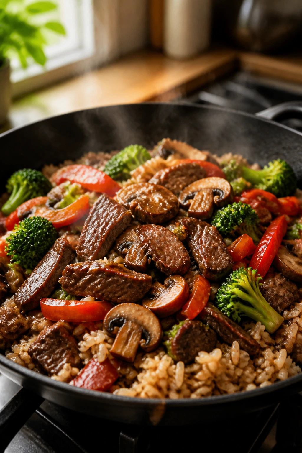 Close up of steak and mushroom stir-fry over brown rice in a home kitchen