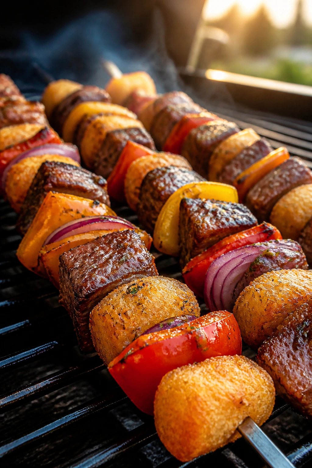 Close-up of steak and pepper tater tot skewers on a grill
