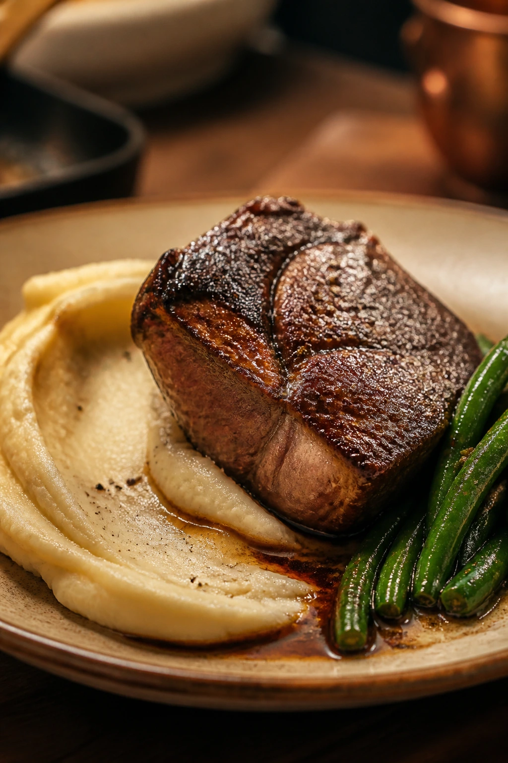 Close-up of a thick steak with mashed potato swoosh and green beans on a warm plate