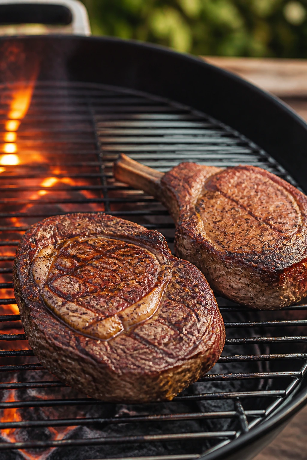 Close-up of thick steak and bone-in pork chop seared on a backyard grill