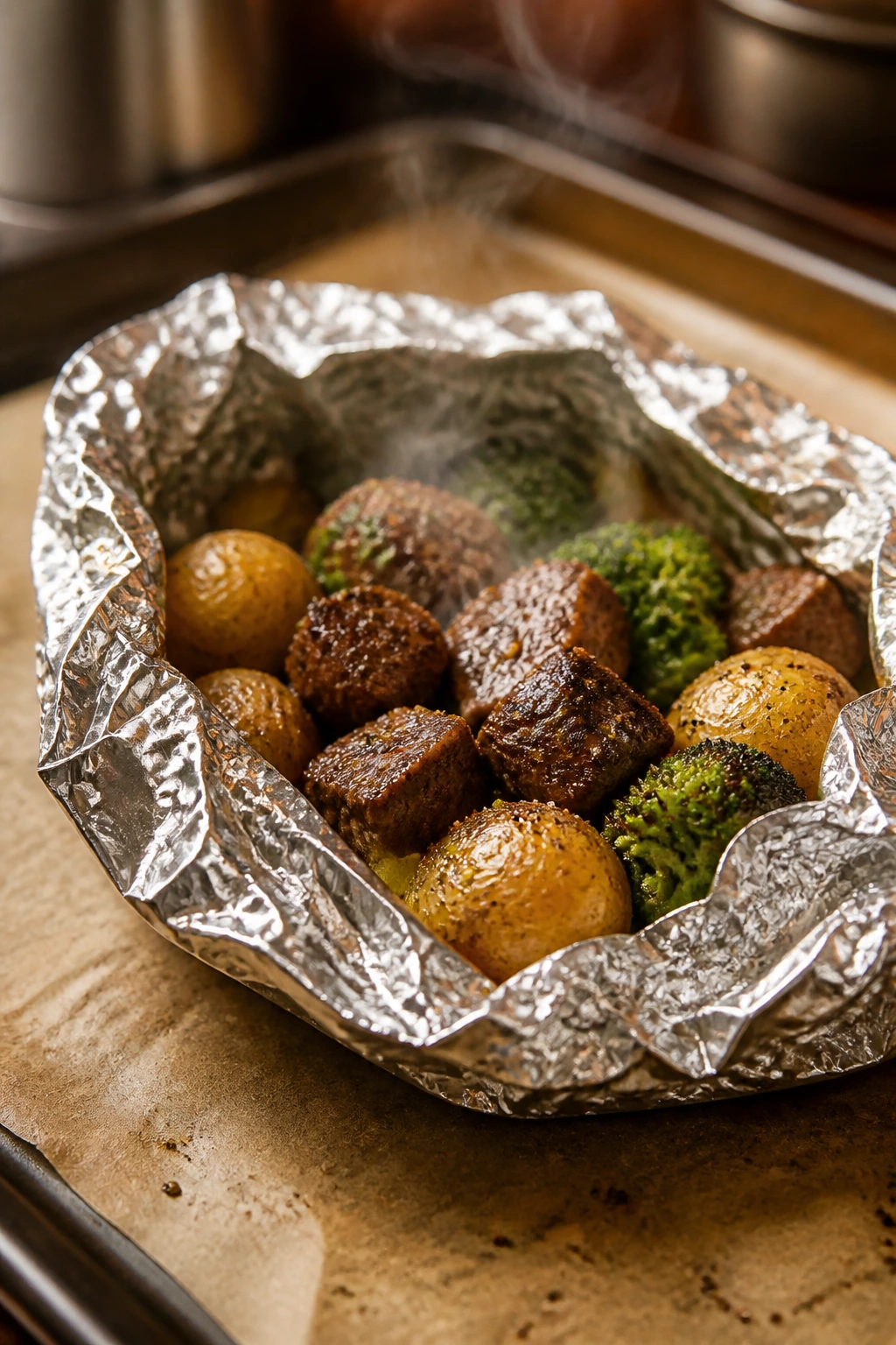 Open foil packet with steak, potatoes, and broccoli steaming